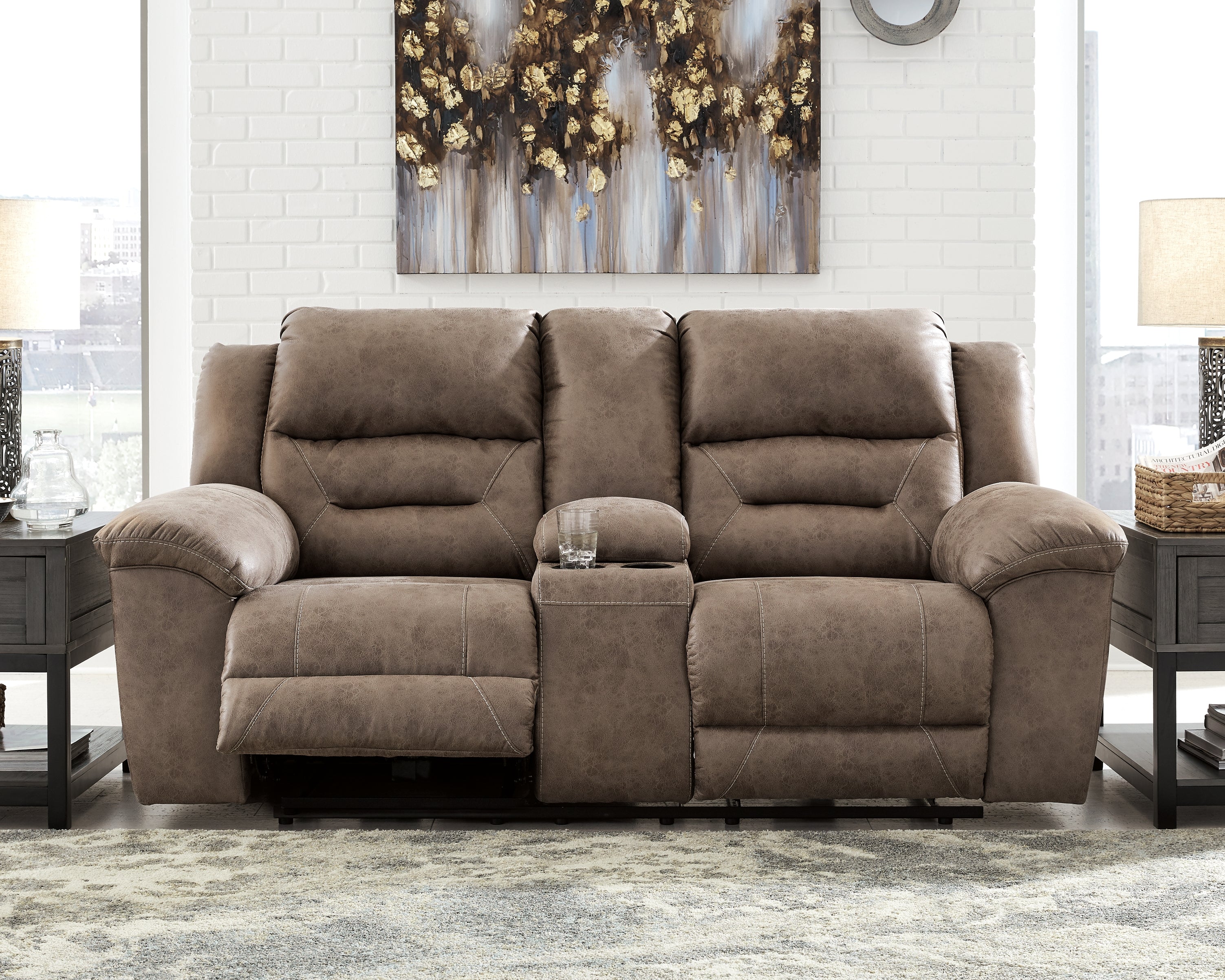 Diamond Furniture - Ashley Furniture - Stoneland Reclining Loveseat with Console - DBL Rec Loveseat w/Console / Fossil - 3990594