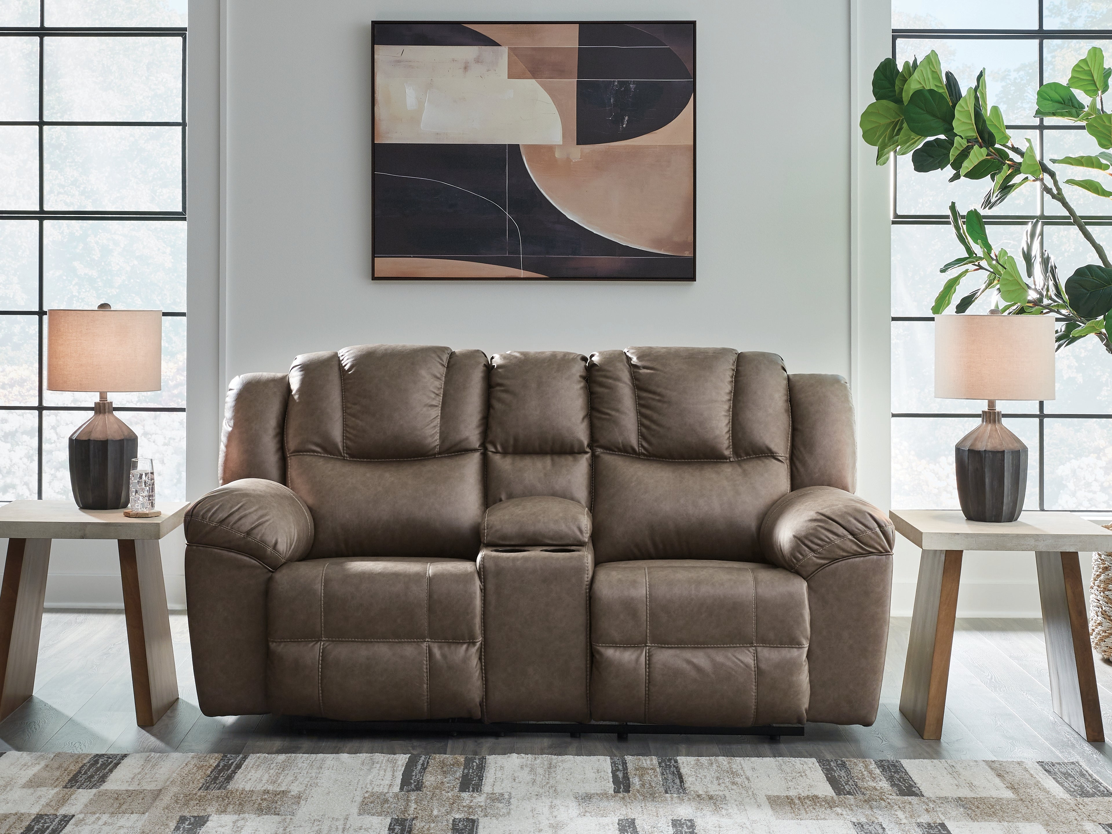 Diamond Furniture - Ashley Furniture - Lowilla Living Room - DBL Rec Loveseat w/Console / Driftwood - PC6450694