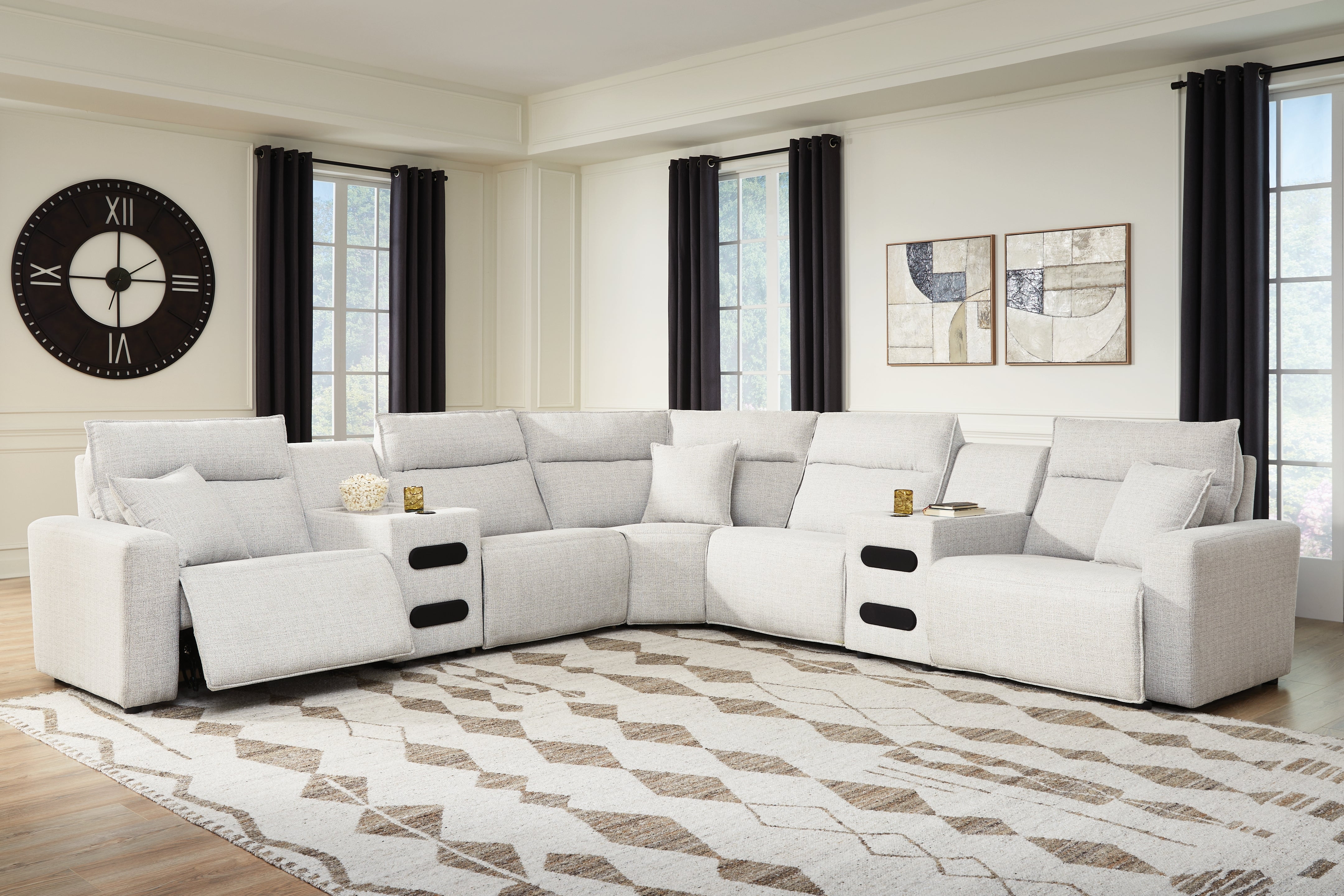 Diamond Furniture - Ashley Furniture - ModMax II 7-Piece Power Reclining Sectional with Audio Consoles - 7-Piece Power Reclining Sectional with Audio Consoles / Stone - 65907S9