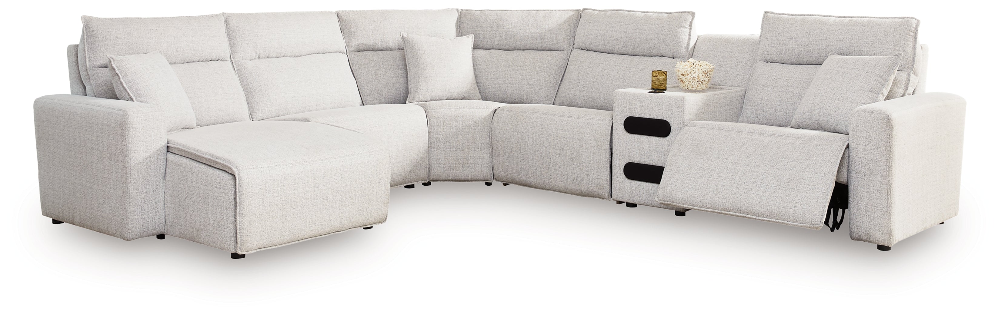 Diamond Furniture - Ashley Furniture - ModMax II 6-Piece Reclining Sectional with Chaise and Audio Console - 6-Piece Reclining Sectional with Chaise and Audio Console / Stone - 65907S29