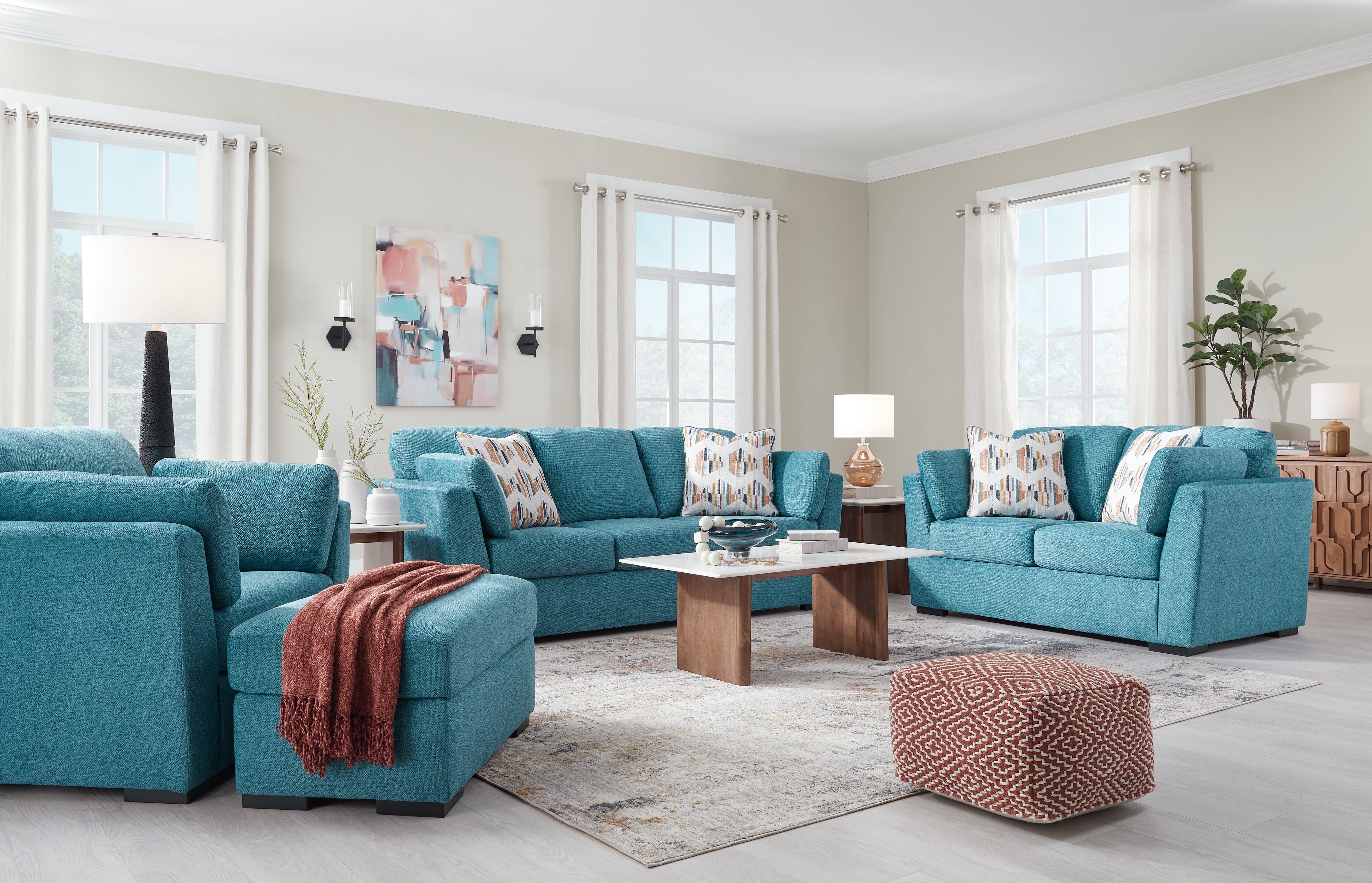 Diamond Furniture - Ashley Furniture - Keerwick Sofa - Sofa, Loveseat, Oversized Chair and Ottoman / Teal - 67507U3