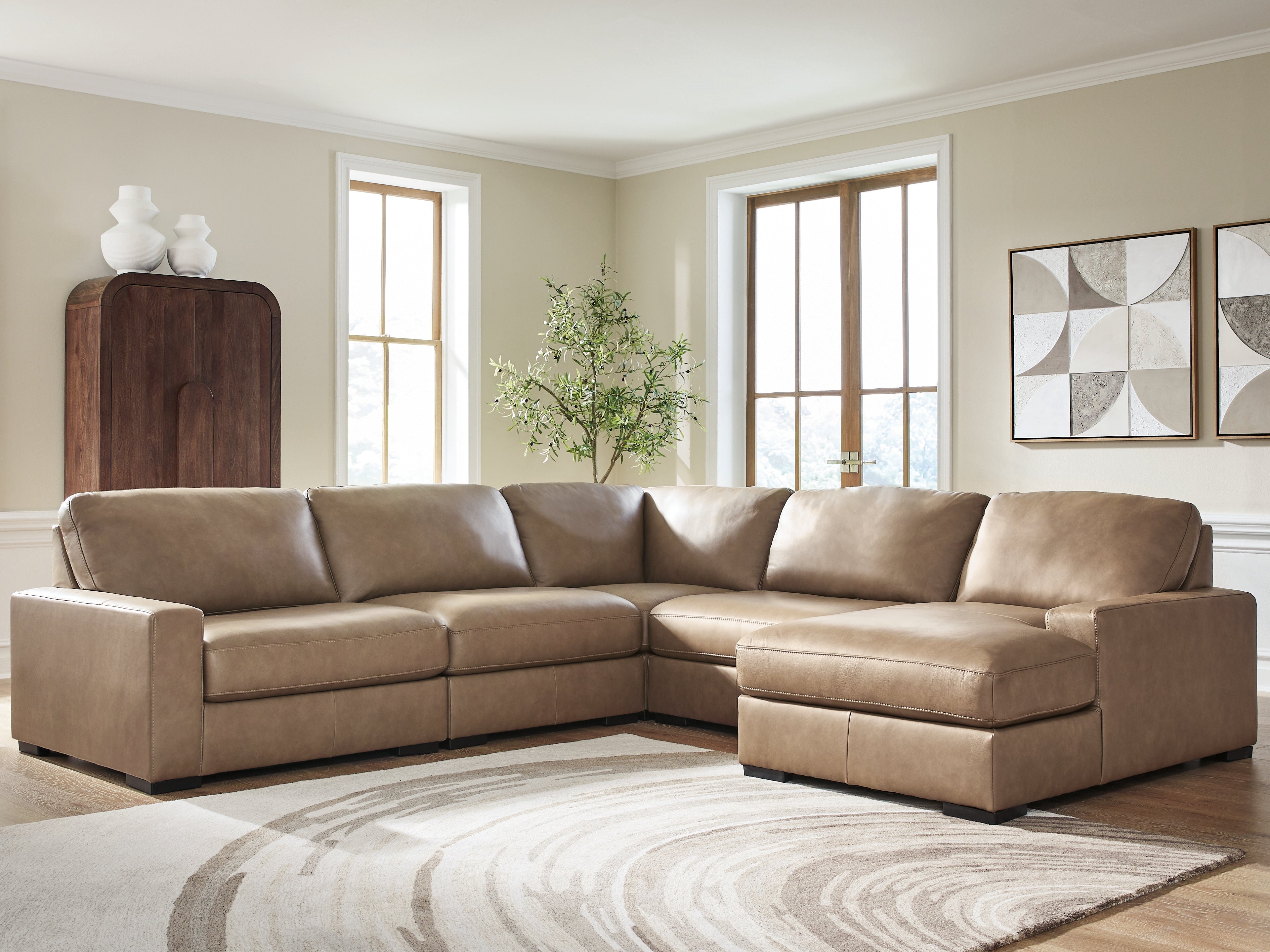 Diamond Furniture - Ashley Furniture - Veronella Sectional - RAF 5-Piece Sectional with Chaise / Sahara - 76106S13