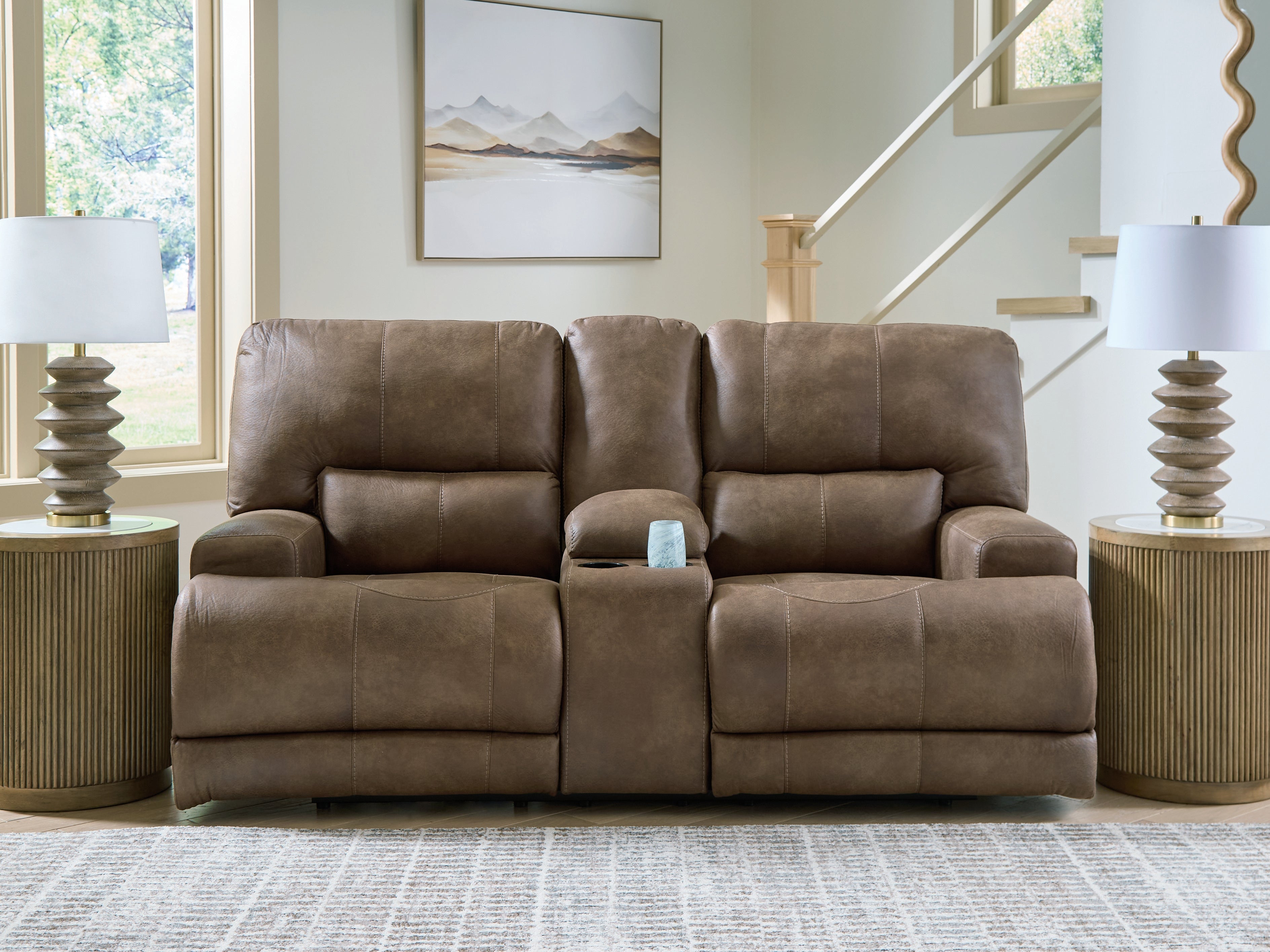 Diamond Furniture - Ashley Furniture - Beckley Place Living Room - PWR REC Loveseat/CON/ADJ HDRST / Earth - PC9180218