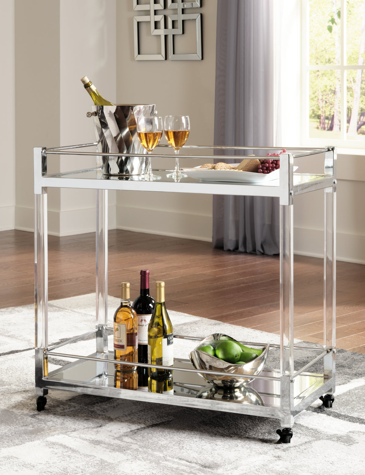 Diamond Furniture - Ashley Furniture - Chaseton Bar Cart - Bar Cart / Clear/Silver Finish - A4000501
