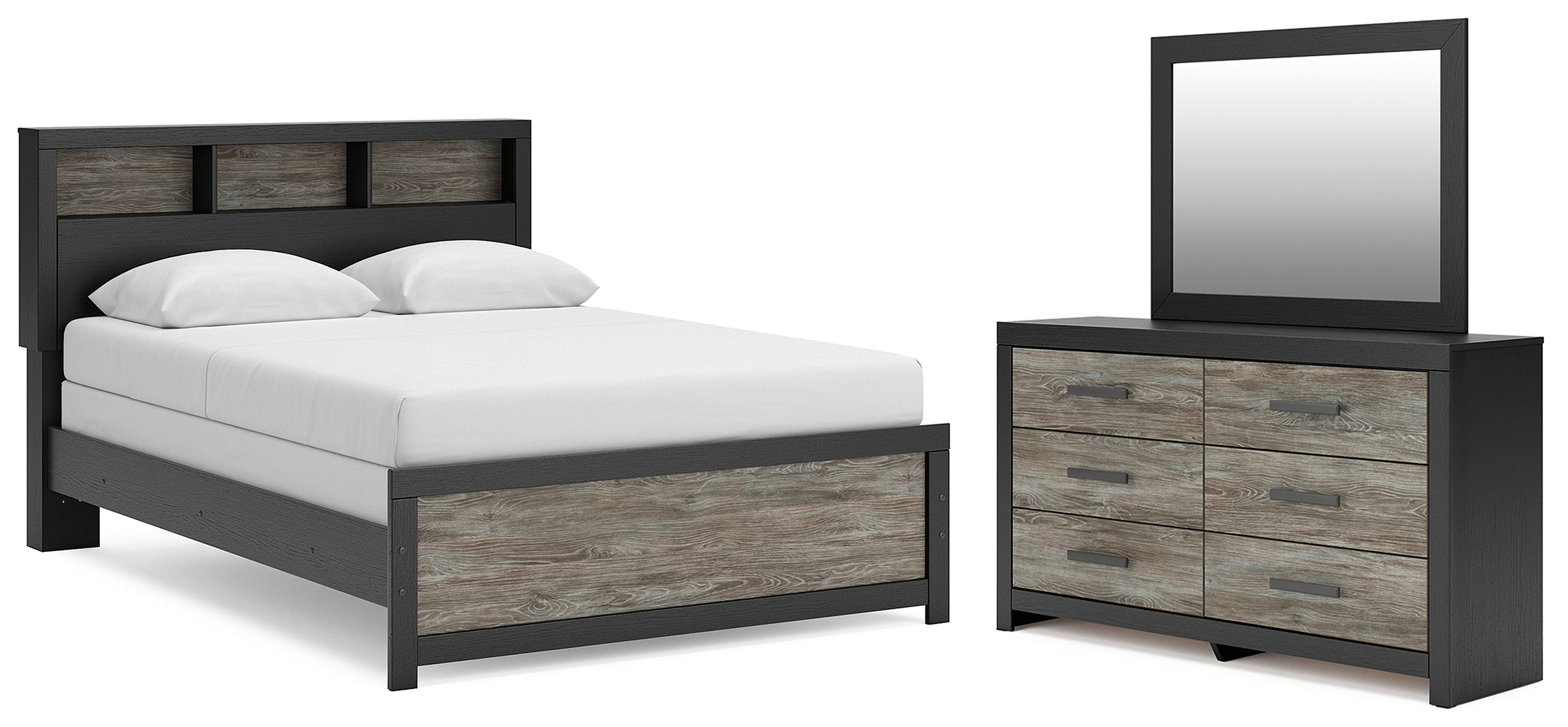 Diamond Furniture - Ashley Furniture - Broachmyn Queen Bookcase Bed, Dresser and Mirror - Queen Bookcase Bed, Dresser and Mirror - PCB1118B3