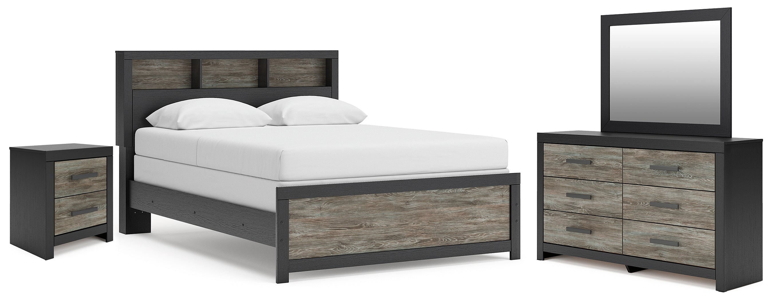 Diamond Furniture - Ashley Furniture - Broachmyn Queen Bookcase Panel Bed, Dresser, Mirror and Nightstand - Queen Bookcase Panel Bed, Dresser, Mirror and Nightstand - PCB1118B21