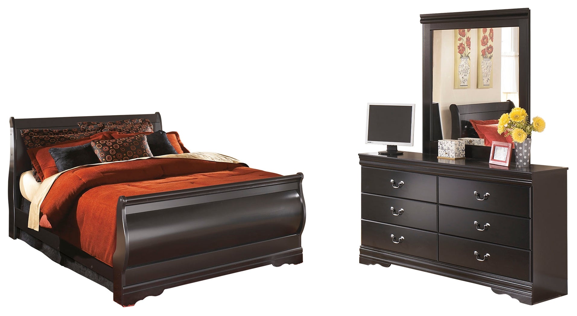 Diamond Furniture - Ashley Furniture - Huey Vineyard Queen Sleigh Bed with Dresser and Mirror - Queen Sleigh Bed with Dresser and Mirror - B128B6