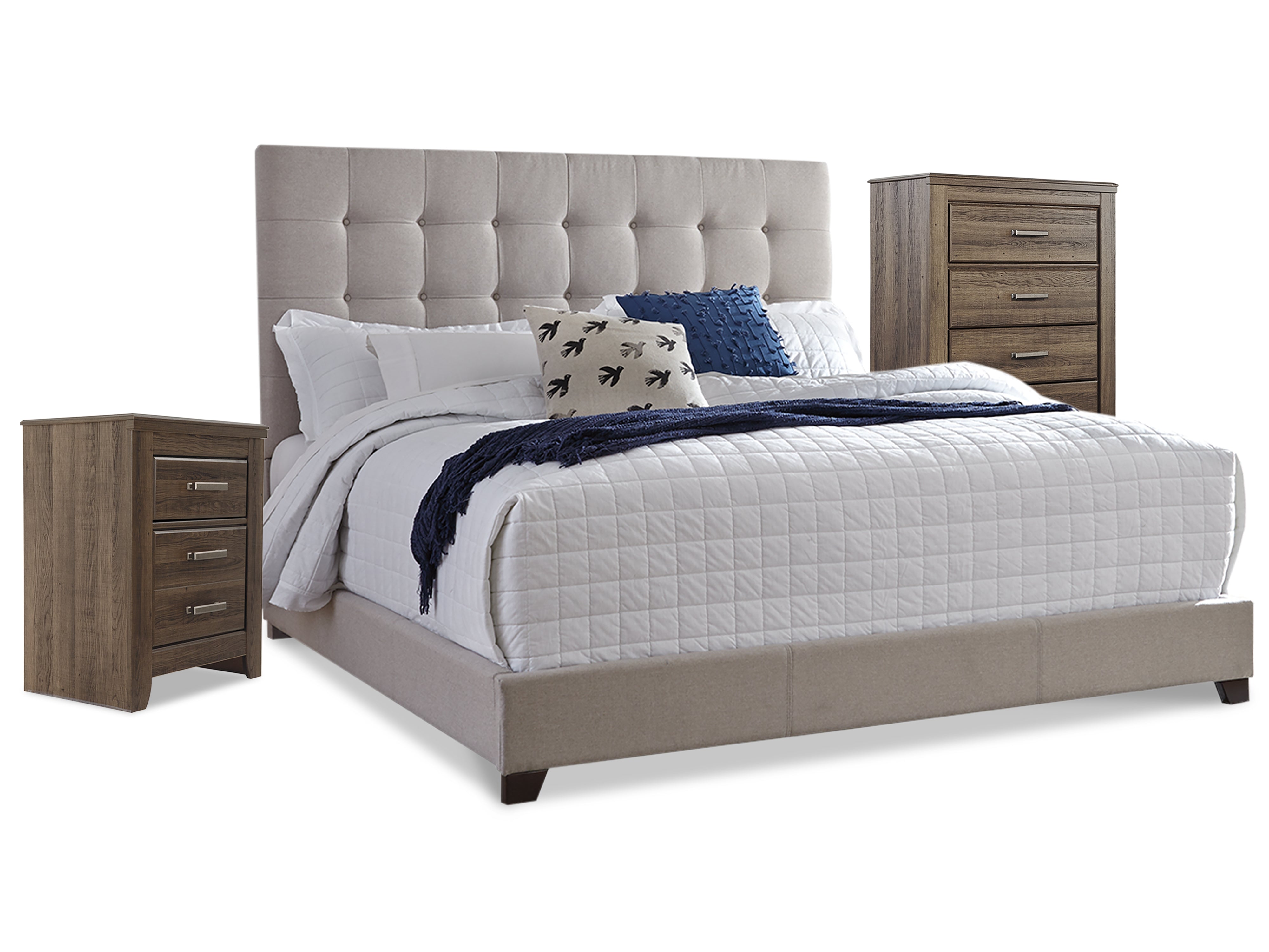 Diamond Furniture - Ashley Furniture - Dolante Queen Upholstered Bed with Chest of Drawers and Nightstand - Queen Upholstered Bed with Chest of Drawers and Nightstand - B130B7