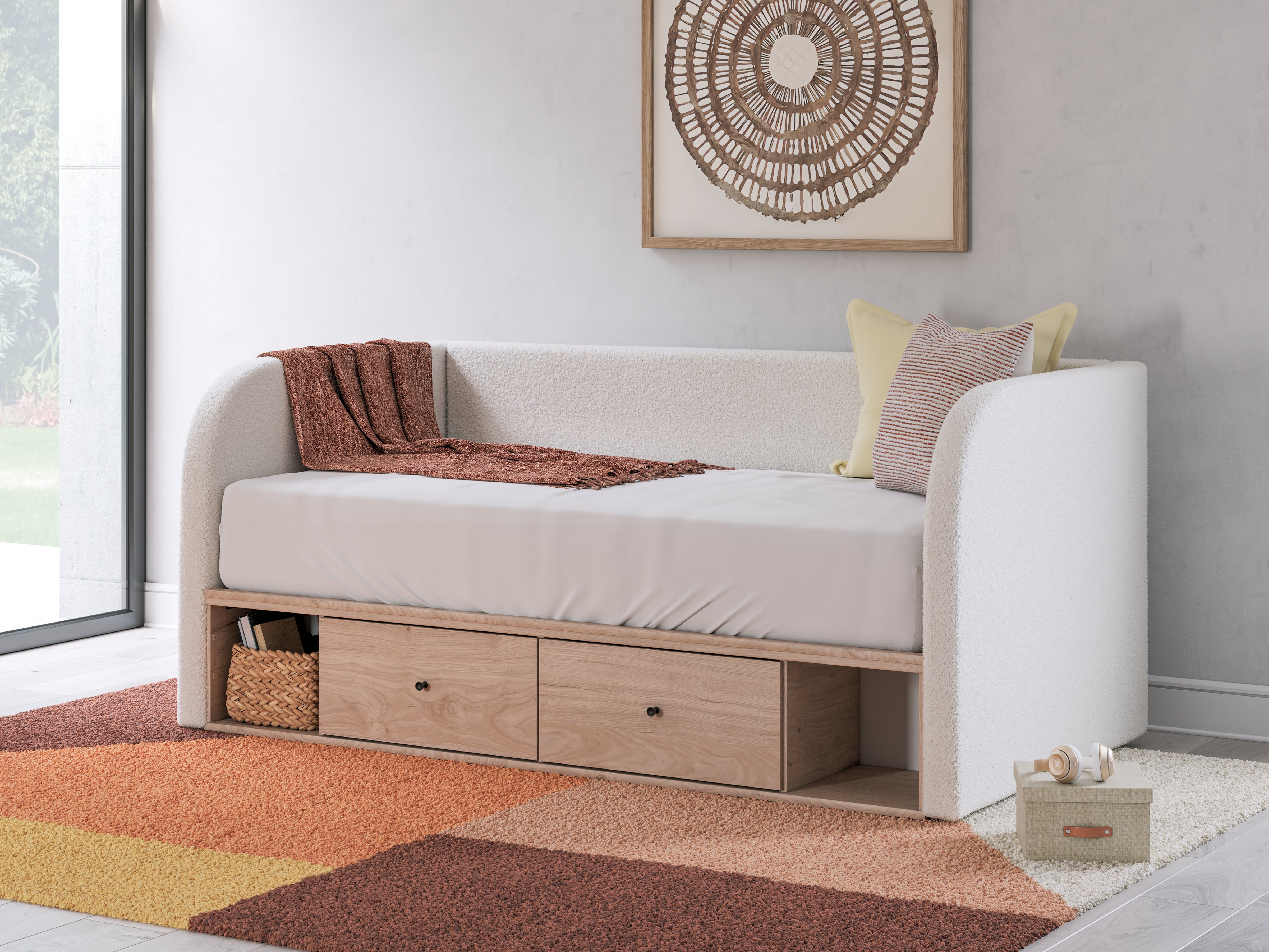 Diamond Furniture - Ashley Furniture - Arloster Bedroom - Full Upholstered Day Bed with Storage / Tan/White - PCB1566B11