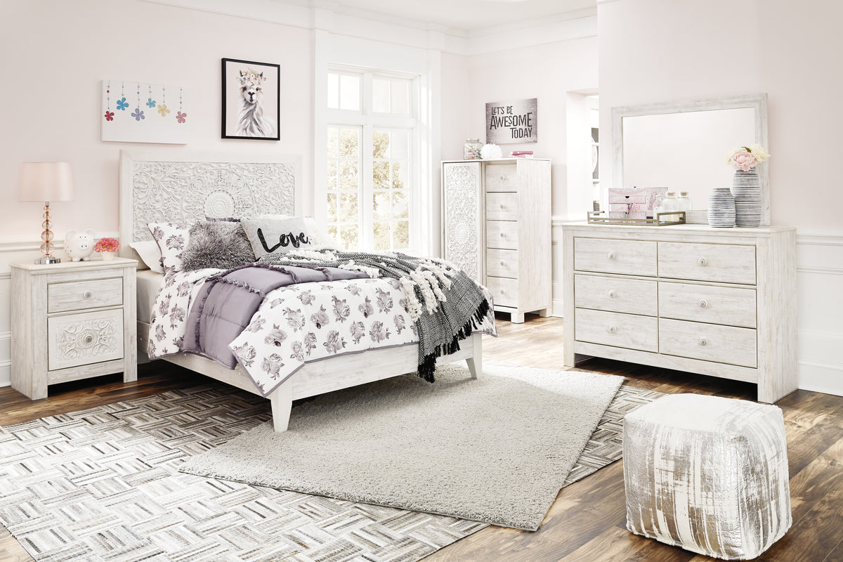 Diamond Furniture - Ashley Furniture - Paxberry Full Panel Bed, Dresser, Mirror and Chest - Full Panel Bed, Dresser, Mirror and Chest / Whitewash - B181B17