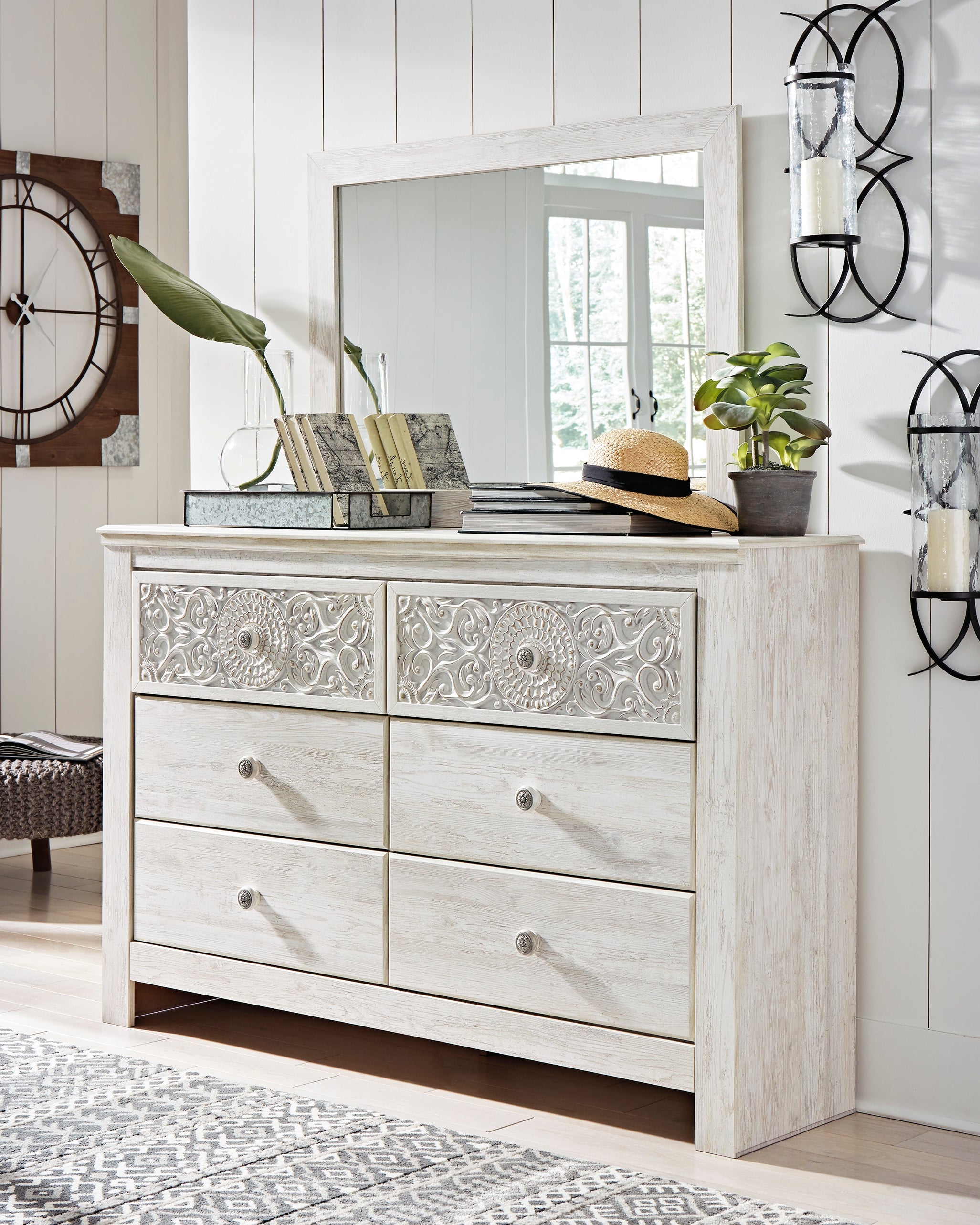 Diamond Furniture - Ashley Furniture - Paxberry Bedroom - Dresser and Mirror / Whitewash - B181B8