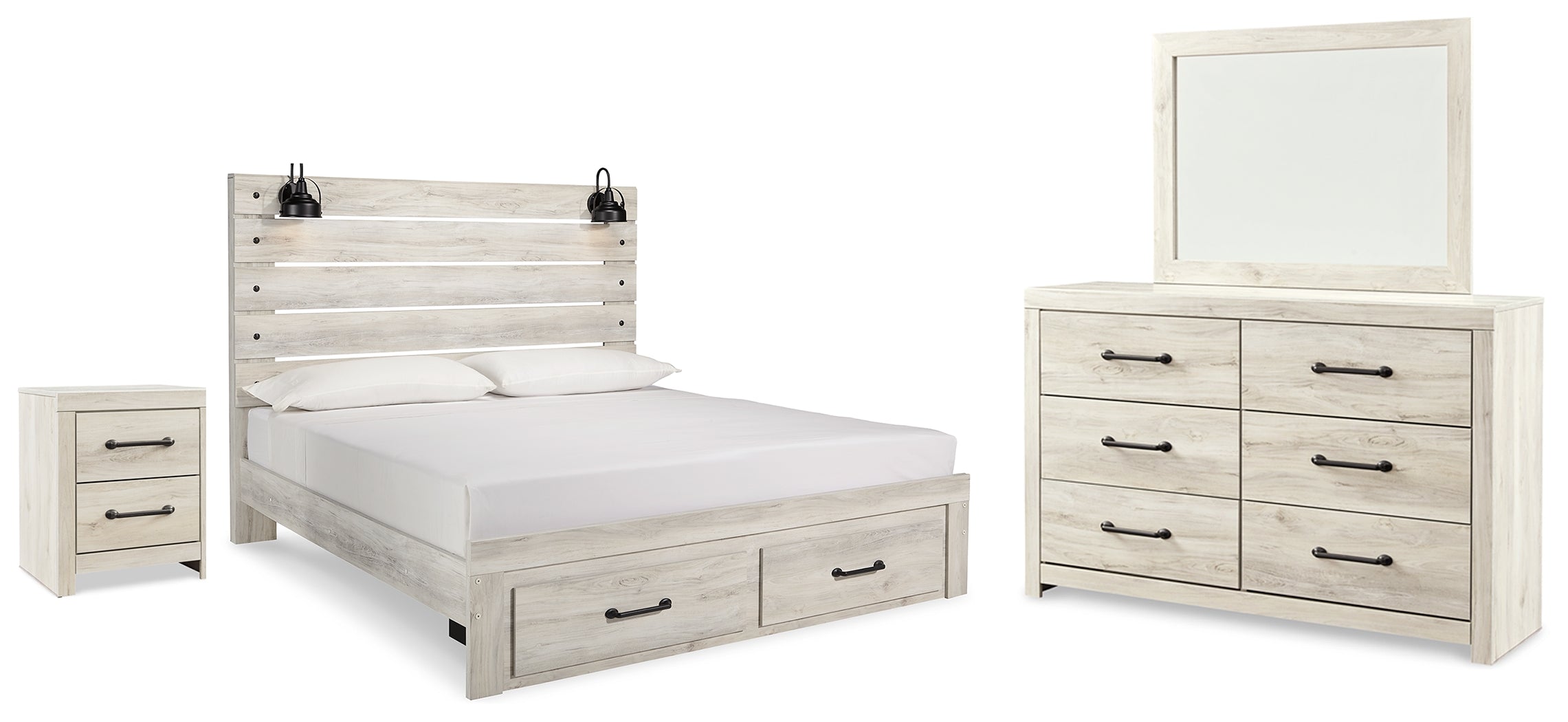 Diamond Furniture - Ashley Furniture - Cambeck King Panel Storage Bed, Dresser, Mirror and Nightstand - King Panel Storage Bed, Dresser, Mirror and Nightstand / Whitewash - B192B127
