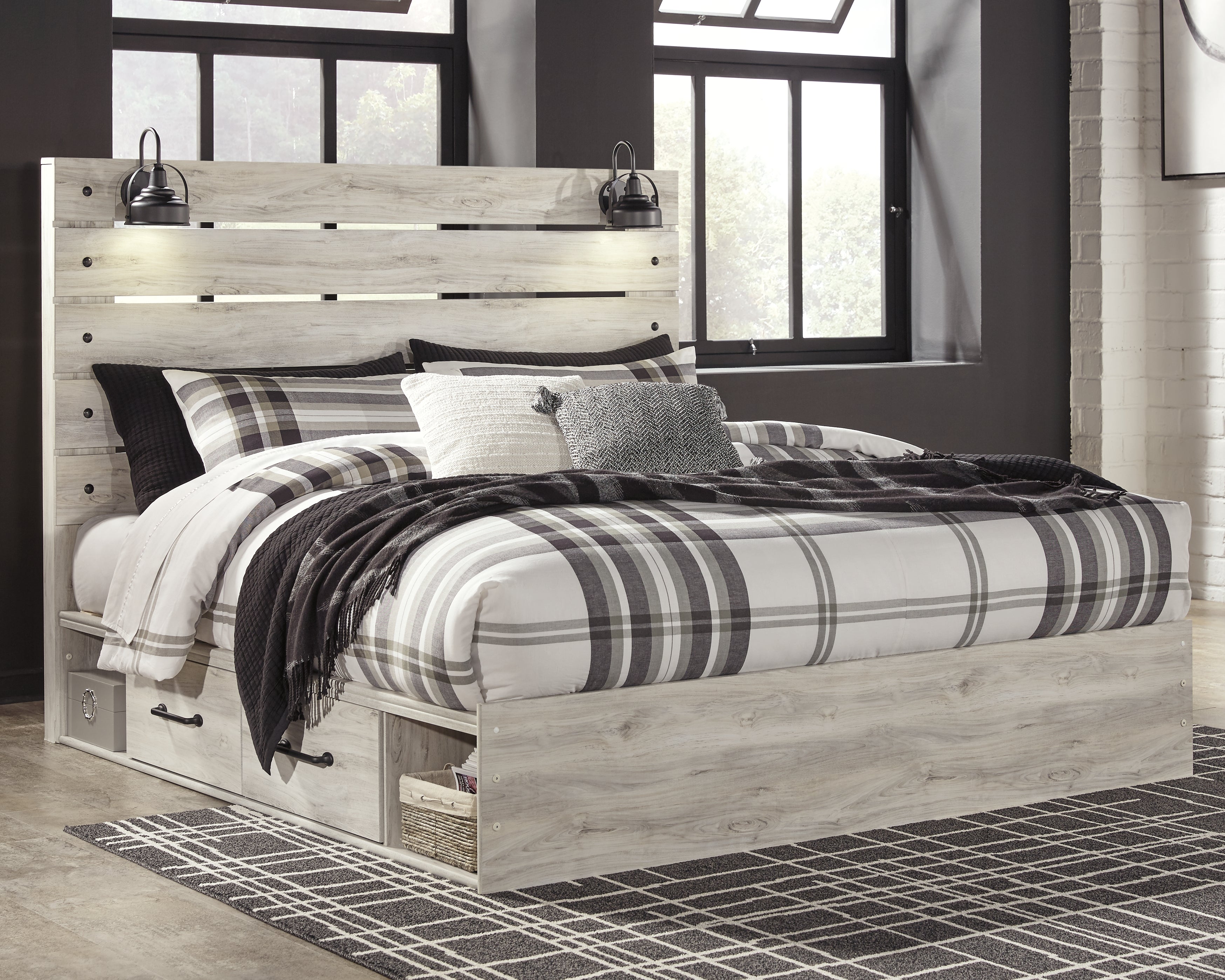 Diamond Furniture - Ashley Furniture - Cambeck Bedroom - King Panel Bed with 2 Storage Drawers / Whitewash - B192B19