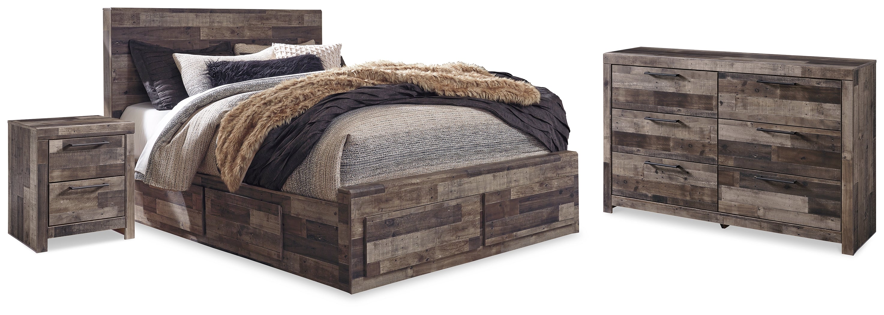 Diamond Furniture - Ashley Furniture - Derekson Queen Panel Storage Bed, Dresser and 2 Nightstand - Queen Panel Storage Bed, Dresser and 2 Nightstand / Multi Gray - B200B58