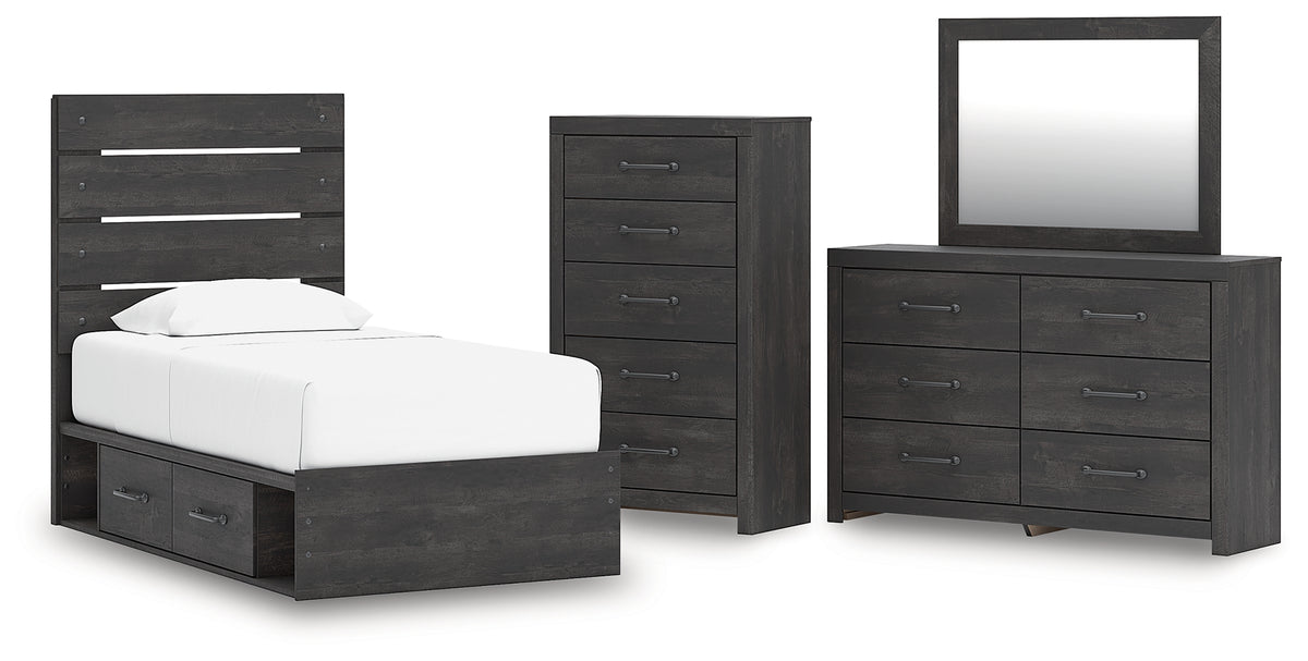 Diamond Furniture - Ashley Furniture - Hollivern Twin Panel Storage Bed, Dresser, Mirror and Chest - Twin Panel Storage Bed, Dresser, Mirror and Chest - PCB2108B26