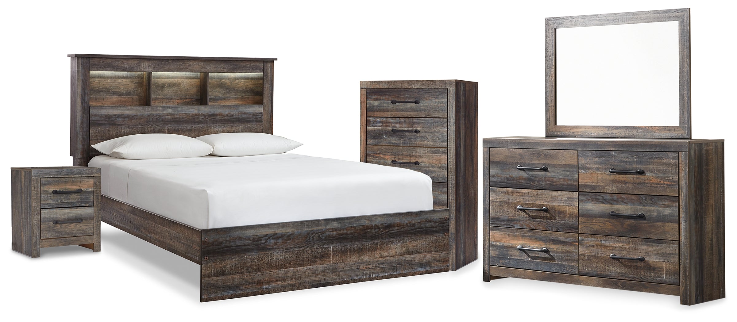 Diamond Furniture - Ashley Furniture - Drystan Queen Bookcase Panel Bed, Dresser, Mirror Chest and Nightstand - Queen Bookcase Panel Bed, Dresser, Mirror Chest and Nightstand - B211B111