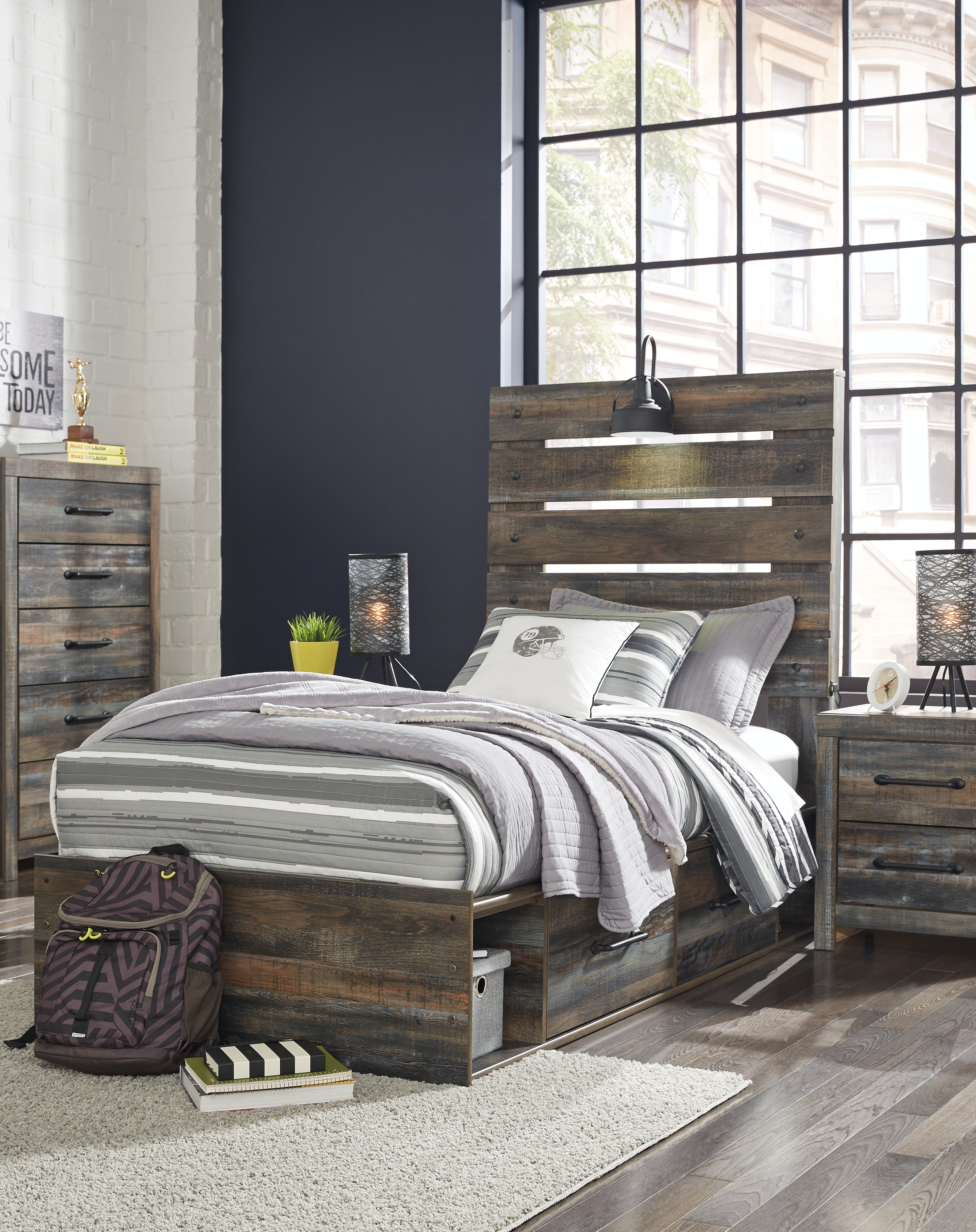 Diamond Furniture - Ashley Furniture - Drystan Bedroom - Twin Panel Bed with 2 Storage Drawers / Multi - B211B8