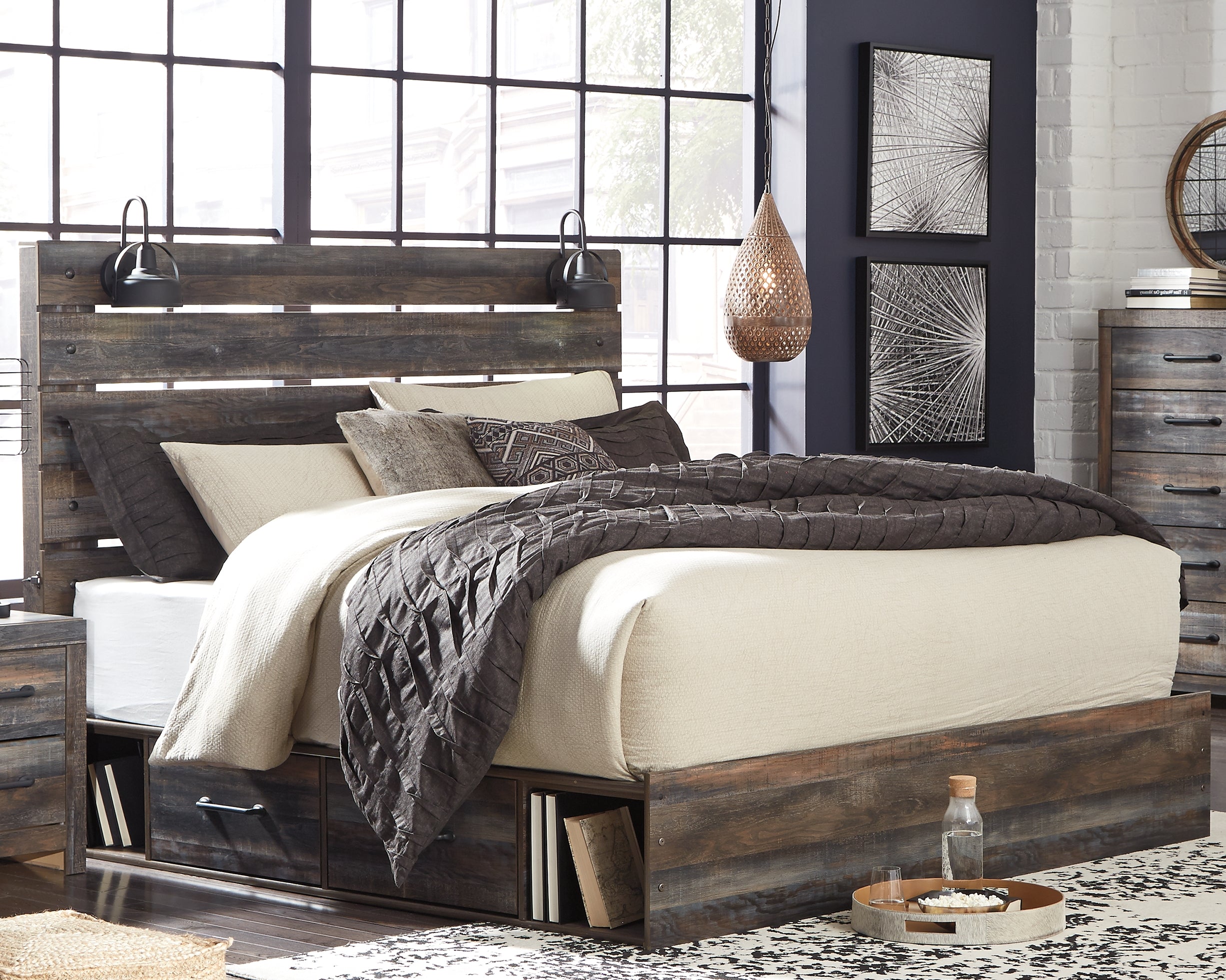 Diamond Furniture - Ashley Furniture - Drystan Bedroom - King Panel Bed with 2 Storage Drawers / Multi - B211B15