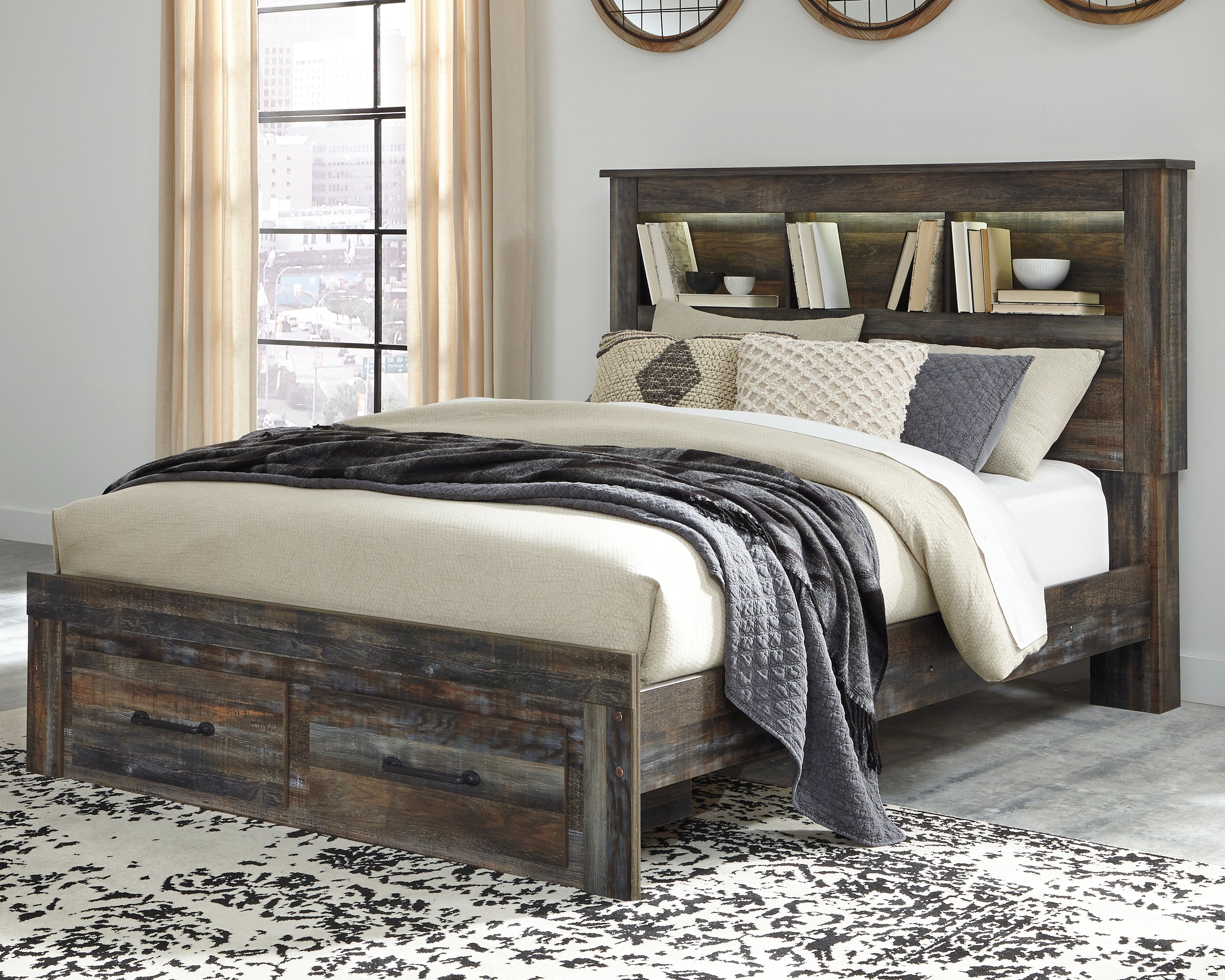 Diamond Furniture - Ashley Furniture - Drystan Bedroom - Queen Bookcase Bed with 2 Storage Drawers / Multi - B211B23