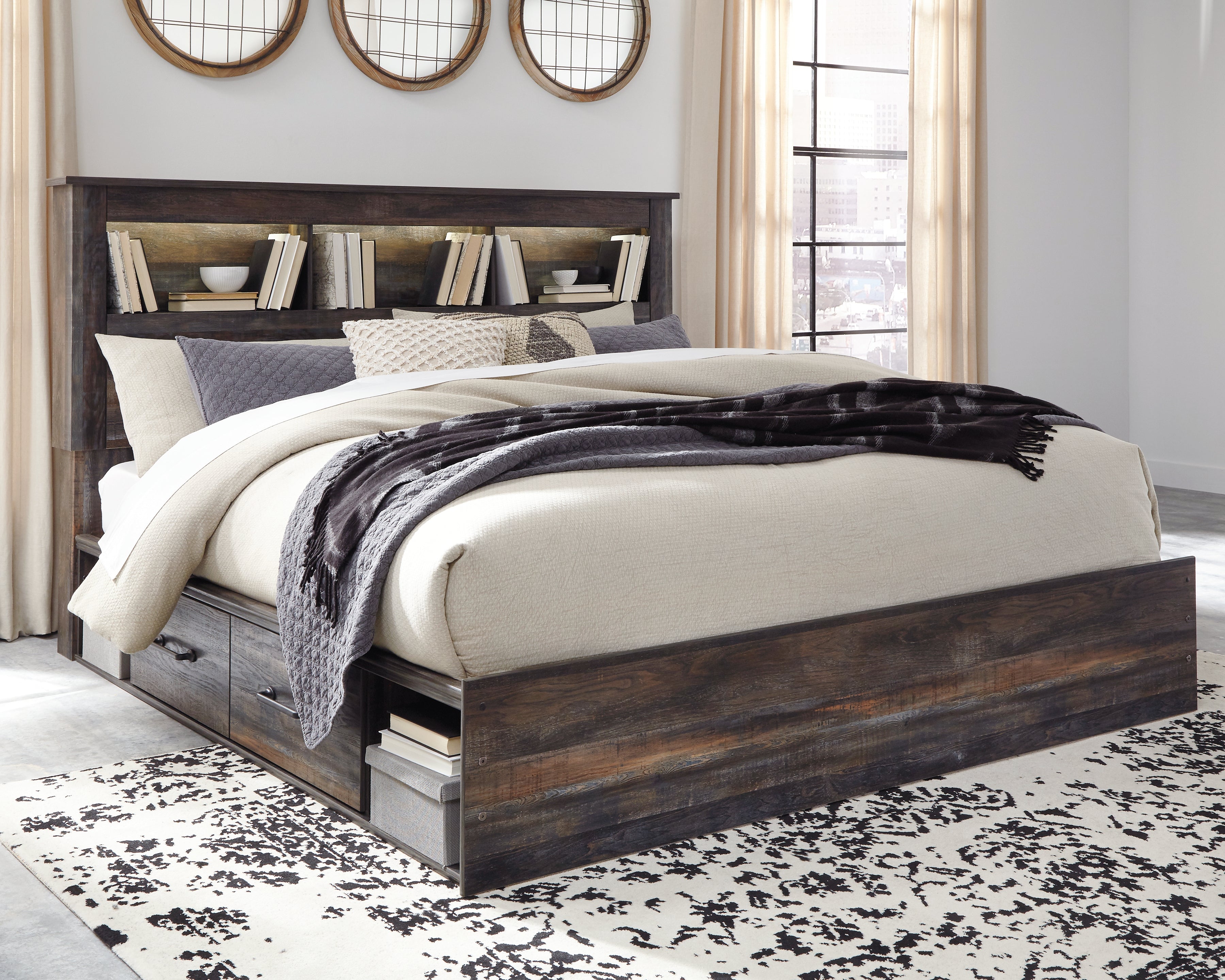 Diamond Furniture - Ashley Furniture - Drystan Bedroom - King Bookcase Bed with 2 Storage Drawers / Multi - B211B51