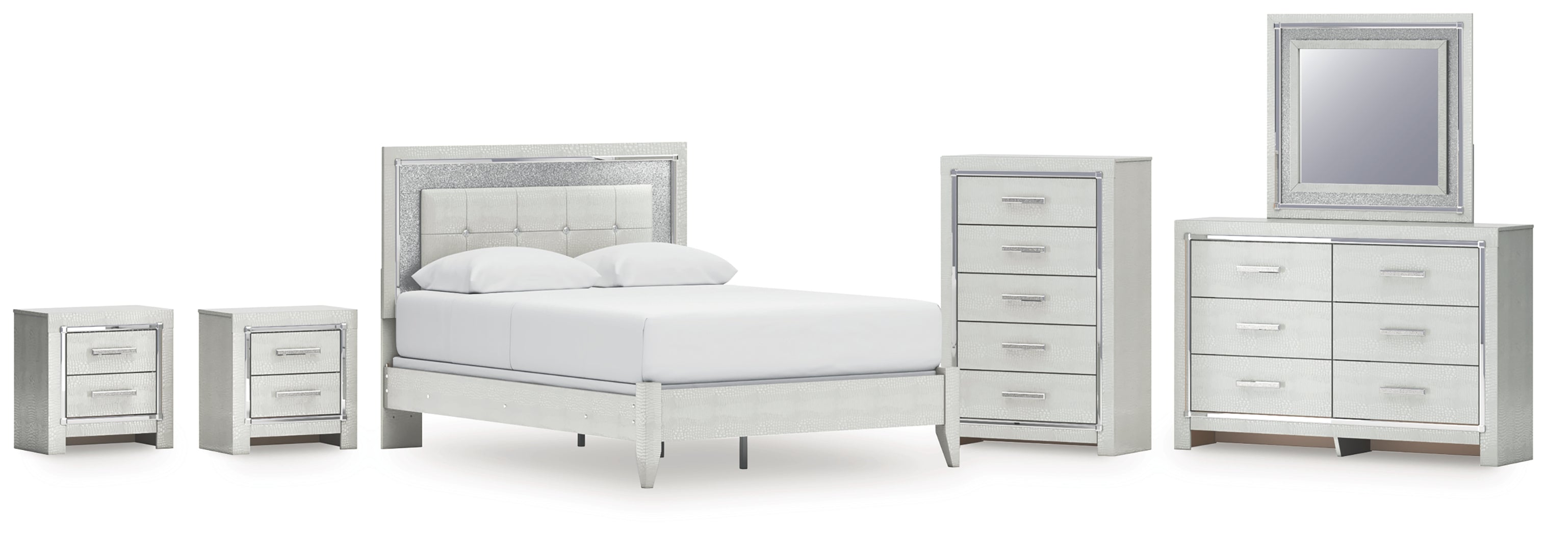Diamond Furniture - Ashley Furniture - Zyniden Queen Upholstered Panel Bed - Queen Upholstered Panel Bed, Dresser, Mirror, Chest and 2 Nightstands / Silver - B2114B17