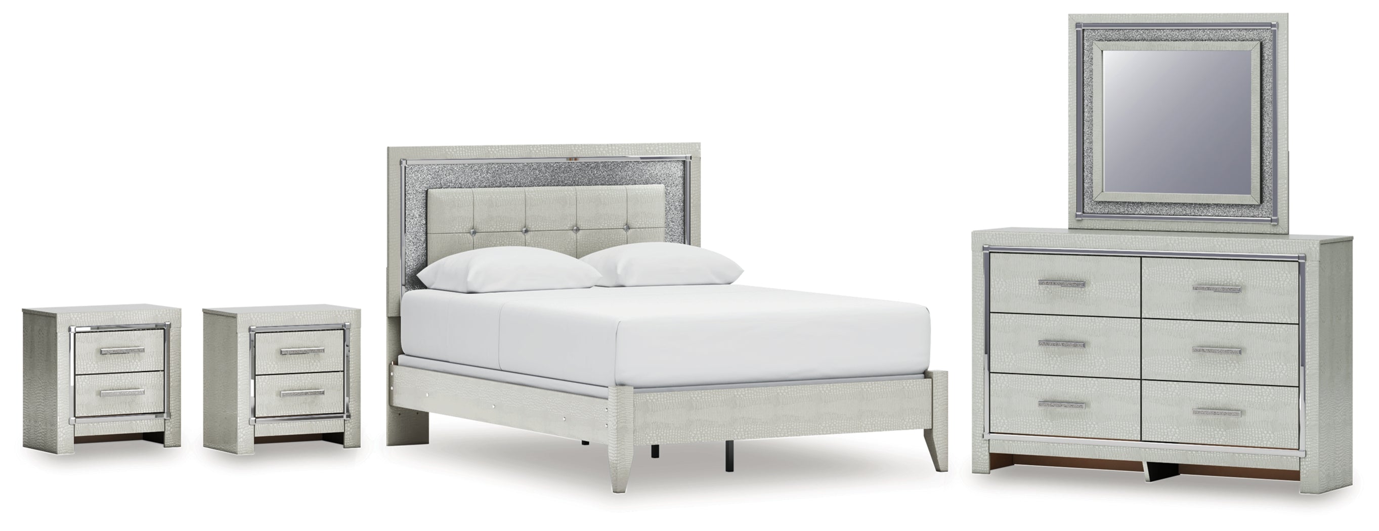 Diamond Furniture - Ashley Furniture - Zyniden Queen Panel Bed, Dresser, Mirror and 2 Nightstands - Queen Panel Bed, Dresser, Mirror and 2 Nightstands / Silver - B2114B16