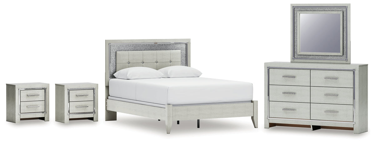 Diamond Furniture - Ashley Furniture - Zyniden Queen Panel Bed, Dresser, Mirror and 2 Nightstands - Queen Panel Bed, Dresser, Mirror and 2 Nightstands / Silver - B2114B16