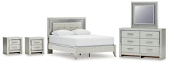 Diamond Furniture - Ashley Furniture - Zyniden Queen Panel Bed, Dresser, Mirror and 2 Nightstands - Queen Panel Bed, Dresser, Mirror and 2 Nightstands / Silver - B2114B16