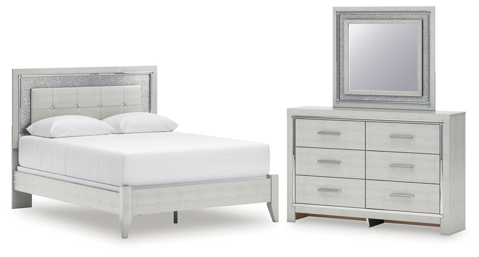 Diamond Furniture - Ashley Furniture - Zyniden Queen Upholstered Panel Bed - Queen Upholstered Panel Bed, Dresser and Mirror / Silver - B2114B5