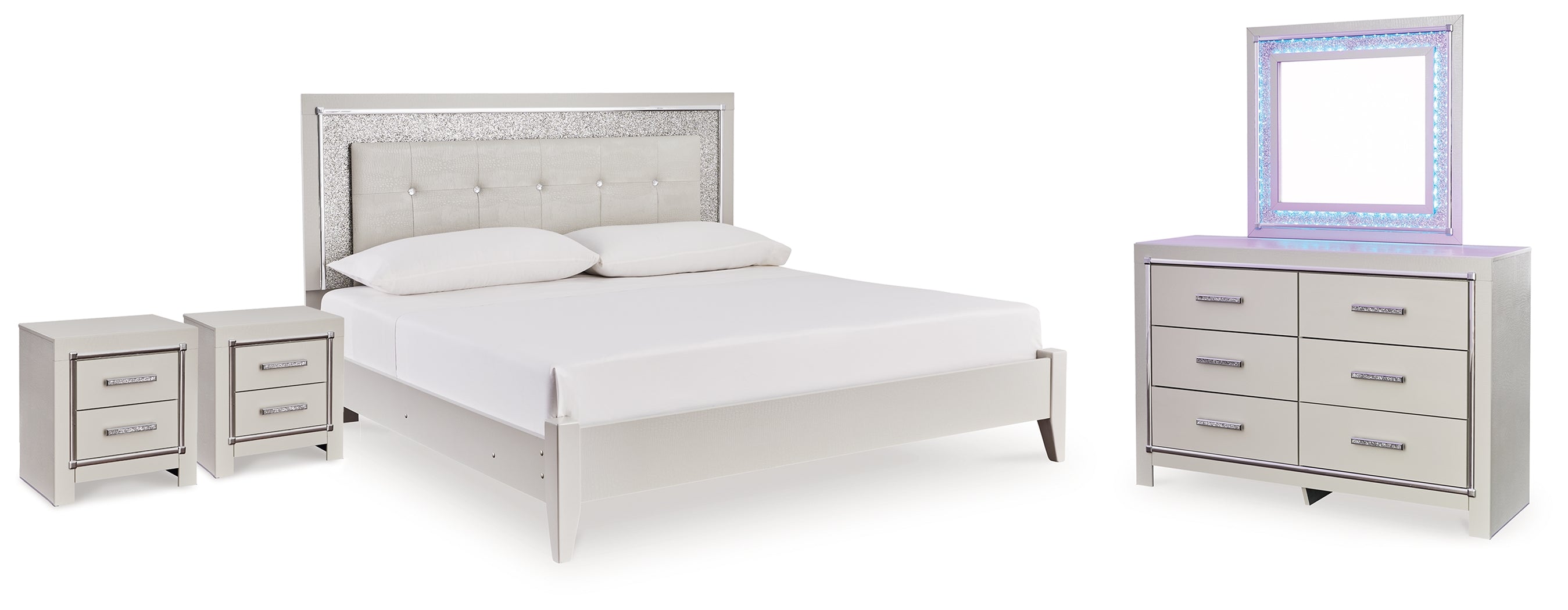 Diamond Furniture - Ashley Furniture - Zyniden King Upholstered Panel Bed - King Upholstered Panel Bed, Dresser, Mirror and 2 Nightstands / Silver - B2114B21