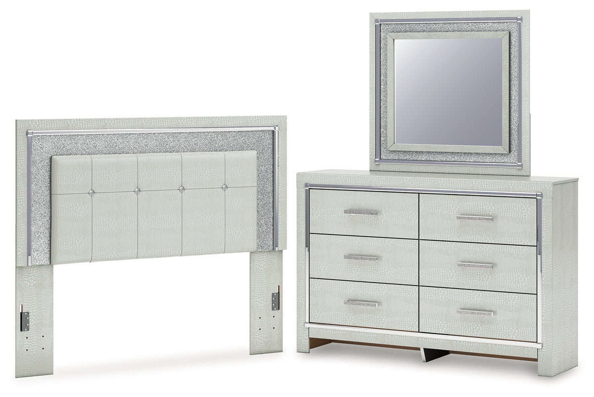 Diamond Furniture - Ashley Furniture - Zyniden Queen Upholstered Panel Headboard, Dresser and Mirror - Queen Upholstered Panel Headboard, Dresser and Mirror / Silver - B2114B9