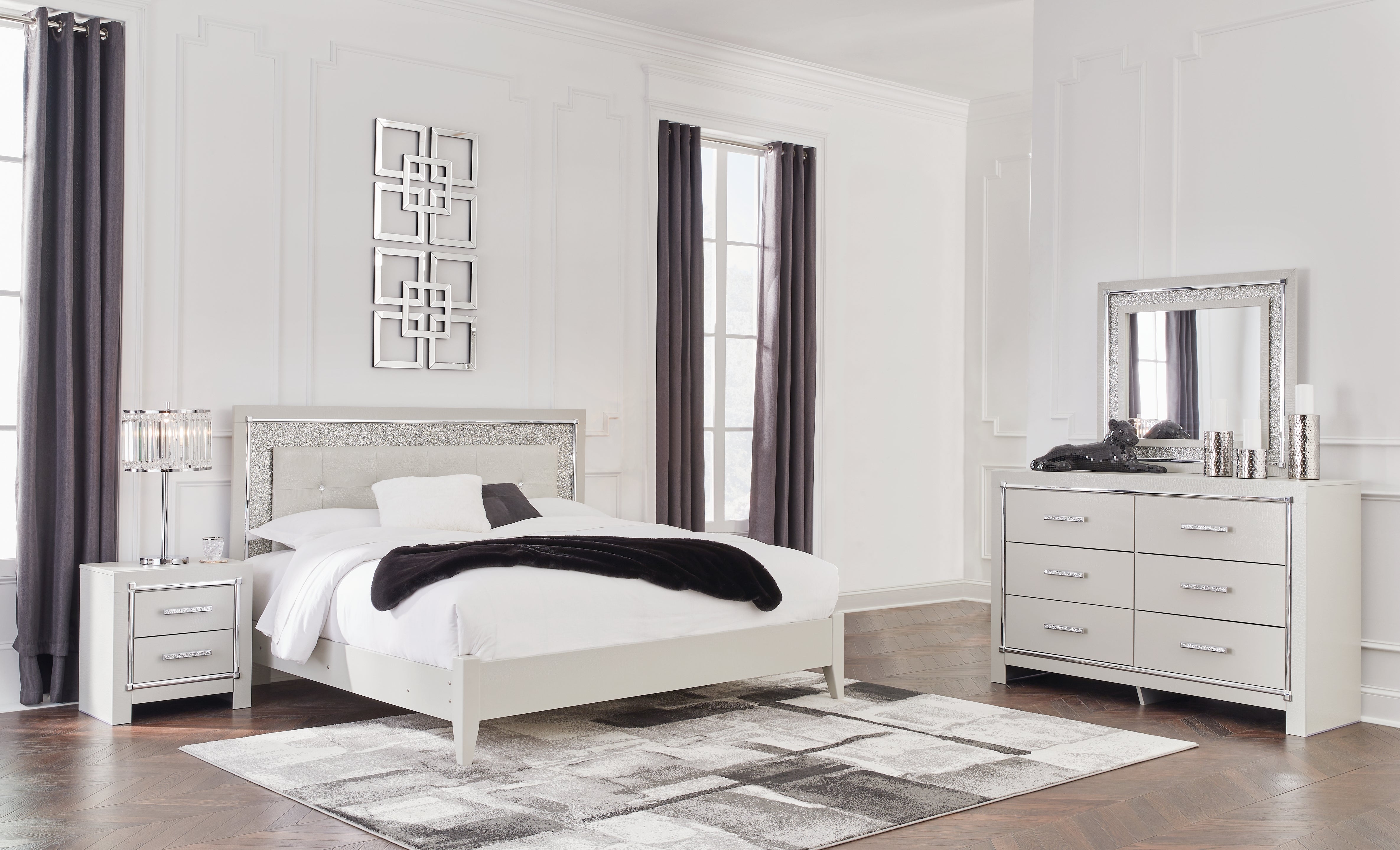 Diamond Furniture - Ashley Furniture - Zyniden King Upholstered Panel Bed - King Upholstered Panel Bed, Dresser, Mirror and Nightstand / Silver - B2114B8
