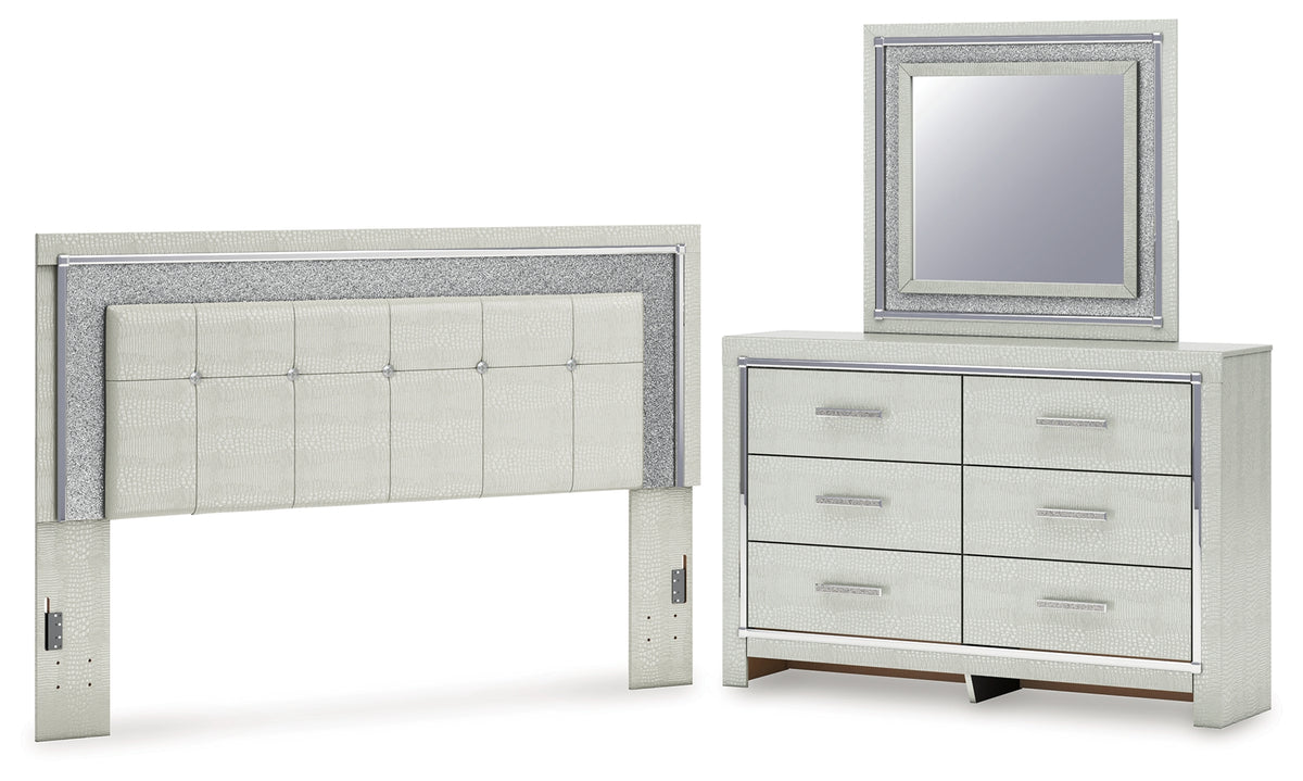Diamond Furniture - Ashley Furniture - Zyniden King Upholstered Panel Headboard, Dresser and Mirror - King Upholstered Panel Headboard, Dresser and Mirror / Silver - B2114B10