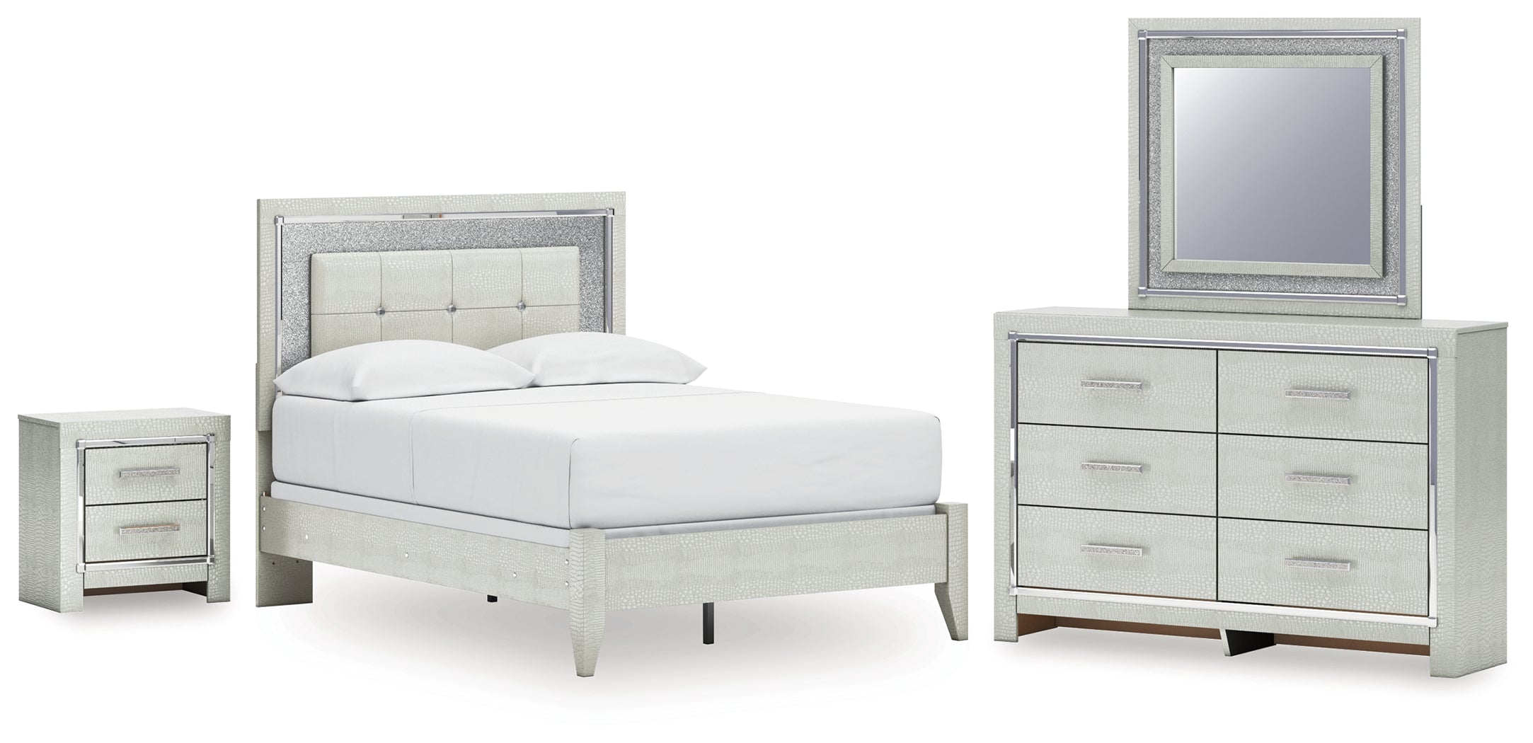 Diamond Furniture - Ashley Furniture - Zyniden Full Panel Bed, Dresser, Mirror and Nightstand - Full Panel Bed, Dresser, Mirror and Nightstand / Silver - B2114B18