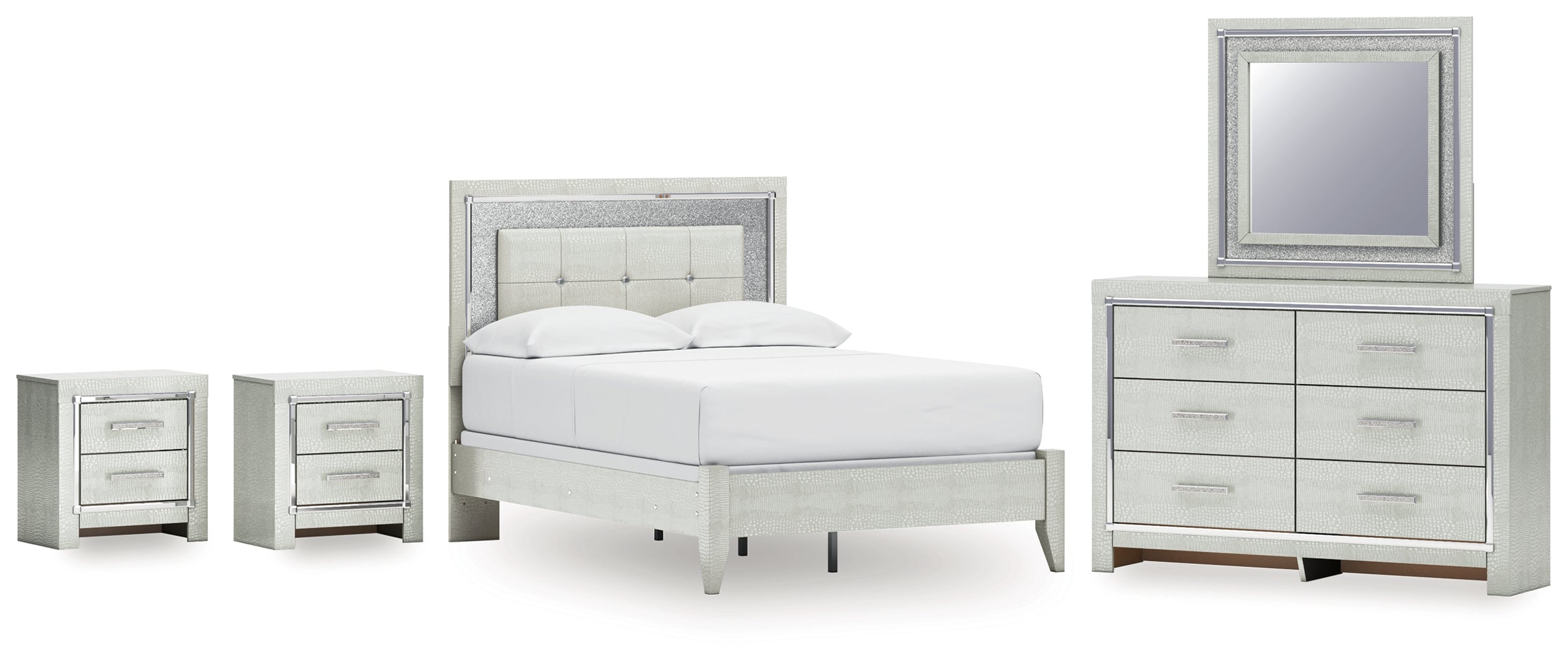 Diamond Furniture - Ashley Furniture - Zyniden Full Upholstered Panel Bed - Full Upholstered Panel Bed, Dresser, Mirror and 2 Nightstands / Silver - B2114B24