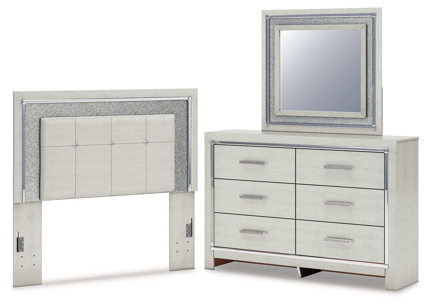 Diamond Furniture - Ashley Furniture - Zyniden Full Upholstered Panel Headboard, Dresser and Mirror - Full Upholstered Panel Headboard, Dresser and Mirror / Silver - B2114B11