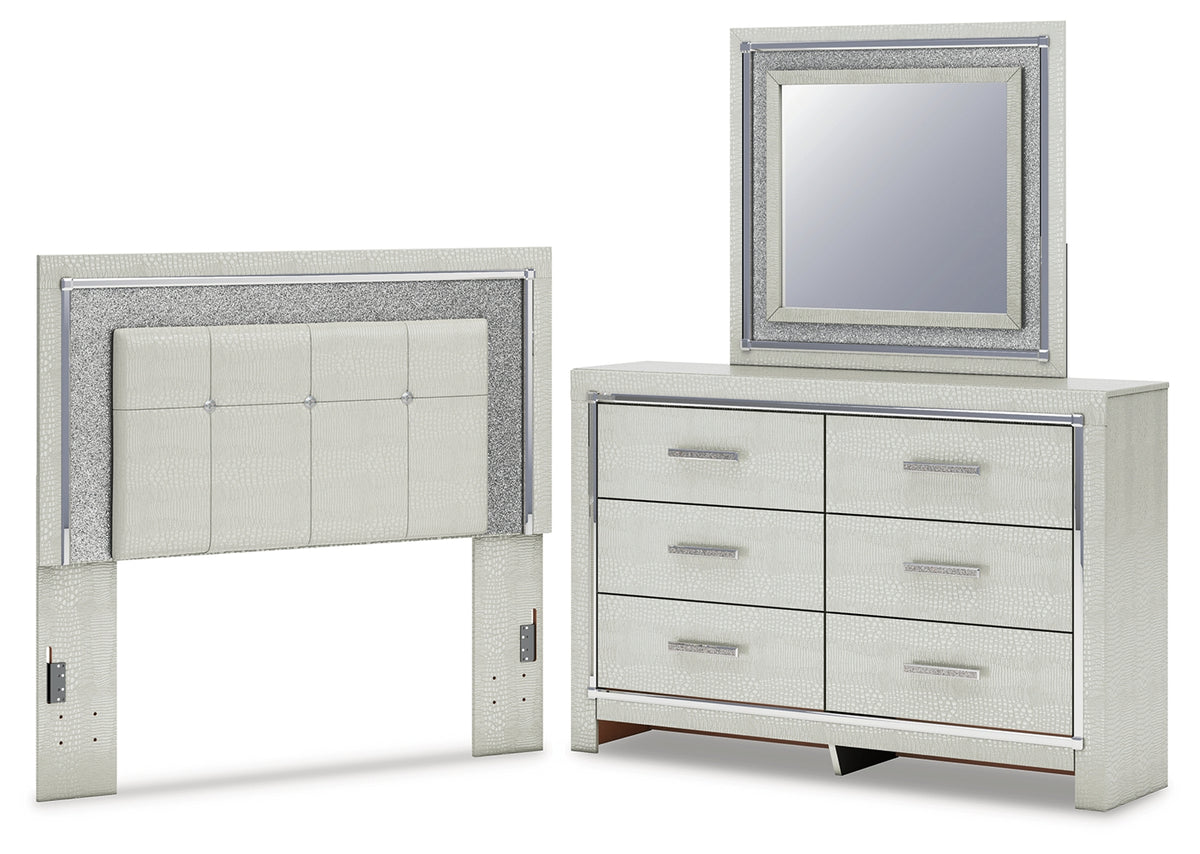 Diamond Furniture - Ashley Furniture - Zyniden Full Upholstered Panel Headboard, Dresser and Mirror - Full Upholstered Panel Headboard, Dresser and Mirror / Silver - B2114B11