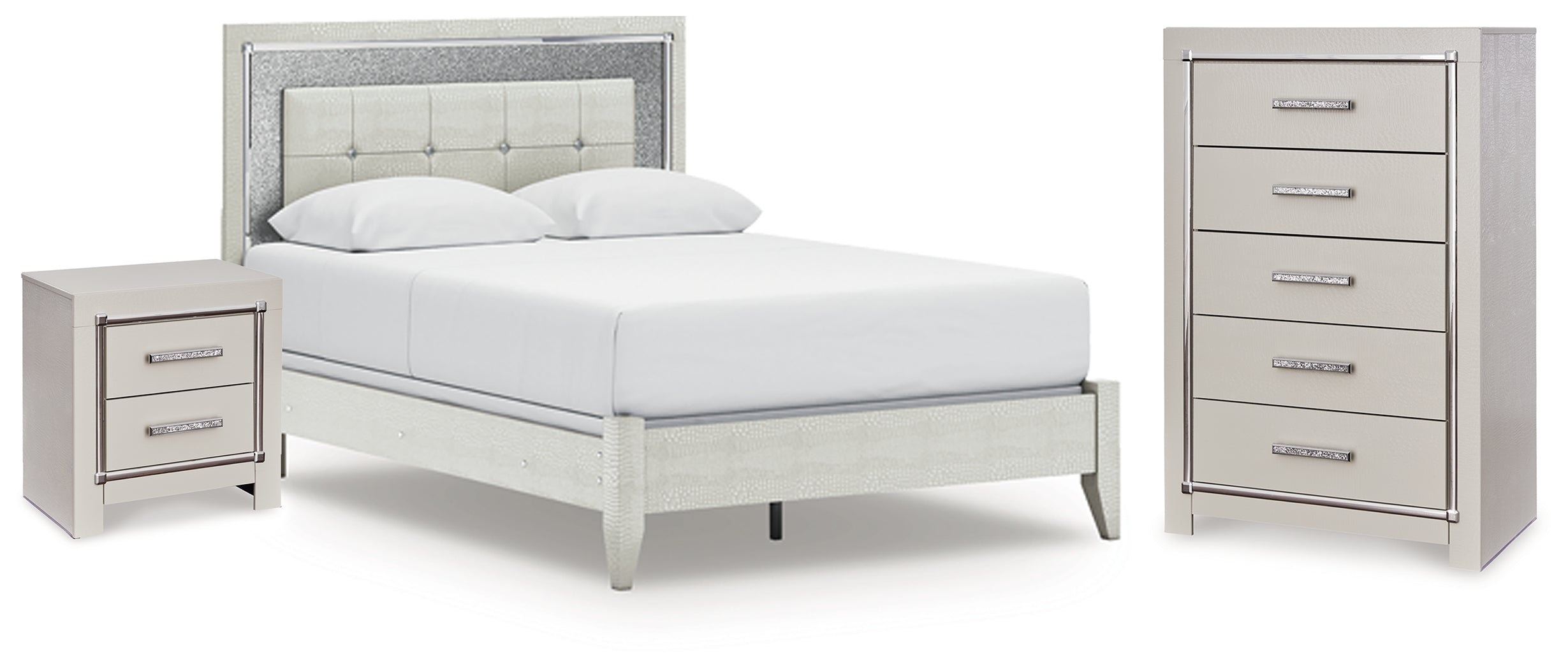 Diamond Furniture - Ashley Furniture - Zyniden Queen Upholstered Panel Bed - Queen Upholstered Panel Bed, Chest and Nightstand / Silver - B2114B19