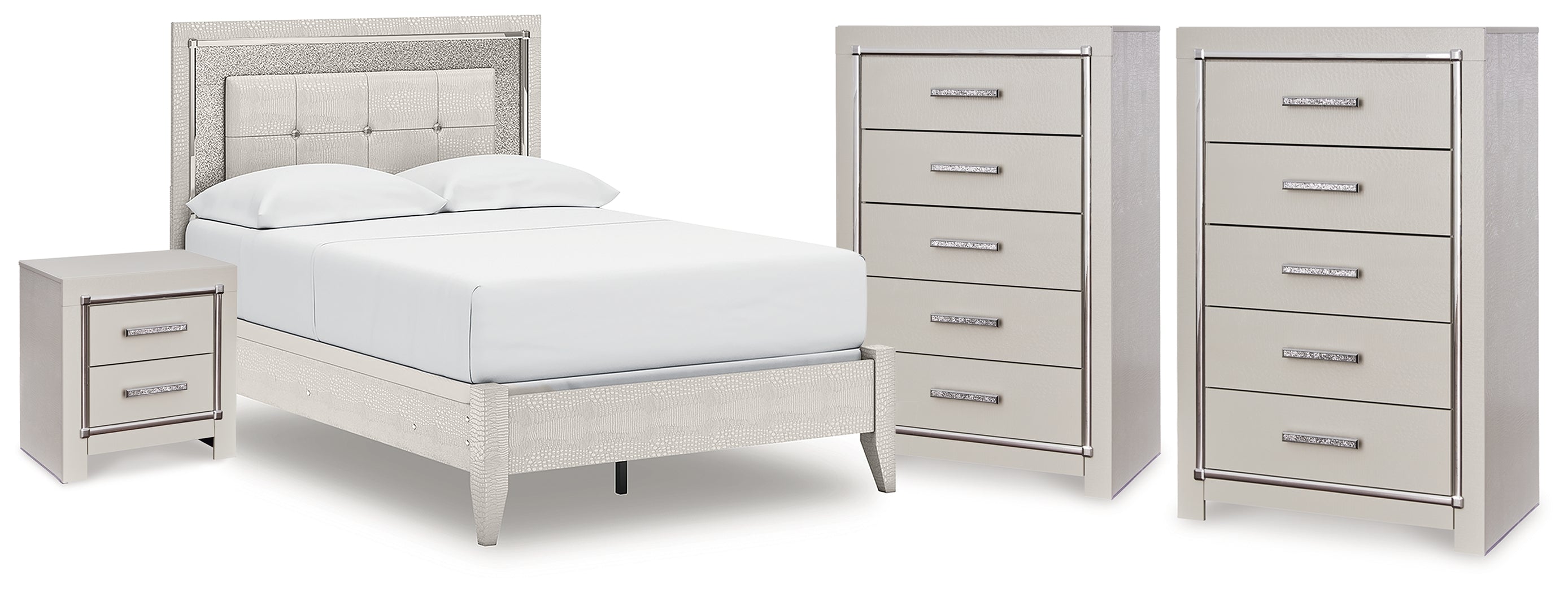 Diamond Furniture - Ashley Furniture - Zyniden Full Panel Bed, 2 Chests and Nightstand - Full Panel Bed, 2 Chests and Nightstand / Silver - B2114B26