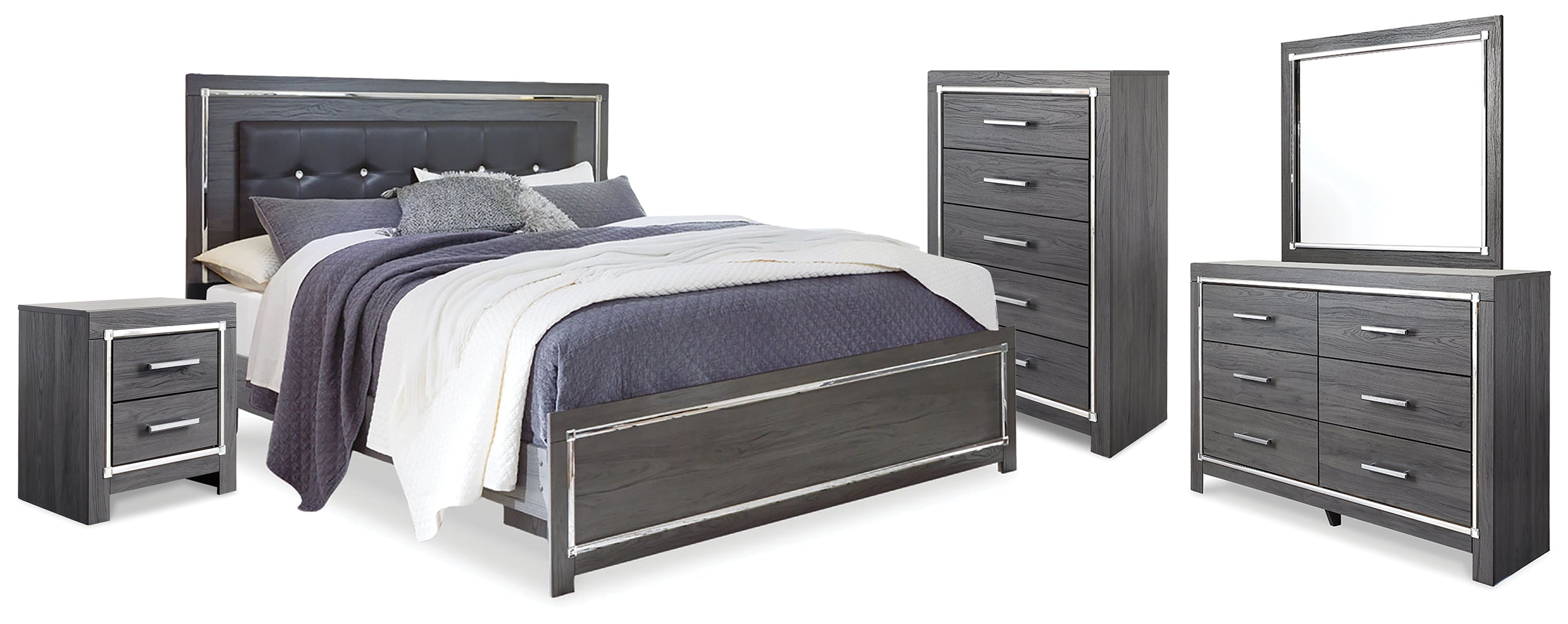 Diamond Furniture - Ashley Furniture - Lodanna King Upholstered Panel Bed, Dresser, Mirror, Chest and Nightstand - King Upholstered Panel Bed, Dresser, Mirror, Chest and Nightstand - B214B26
