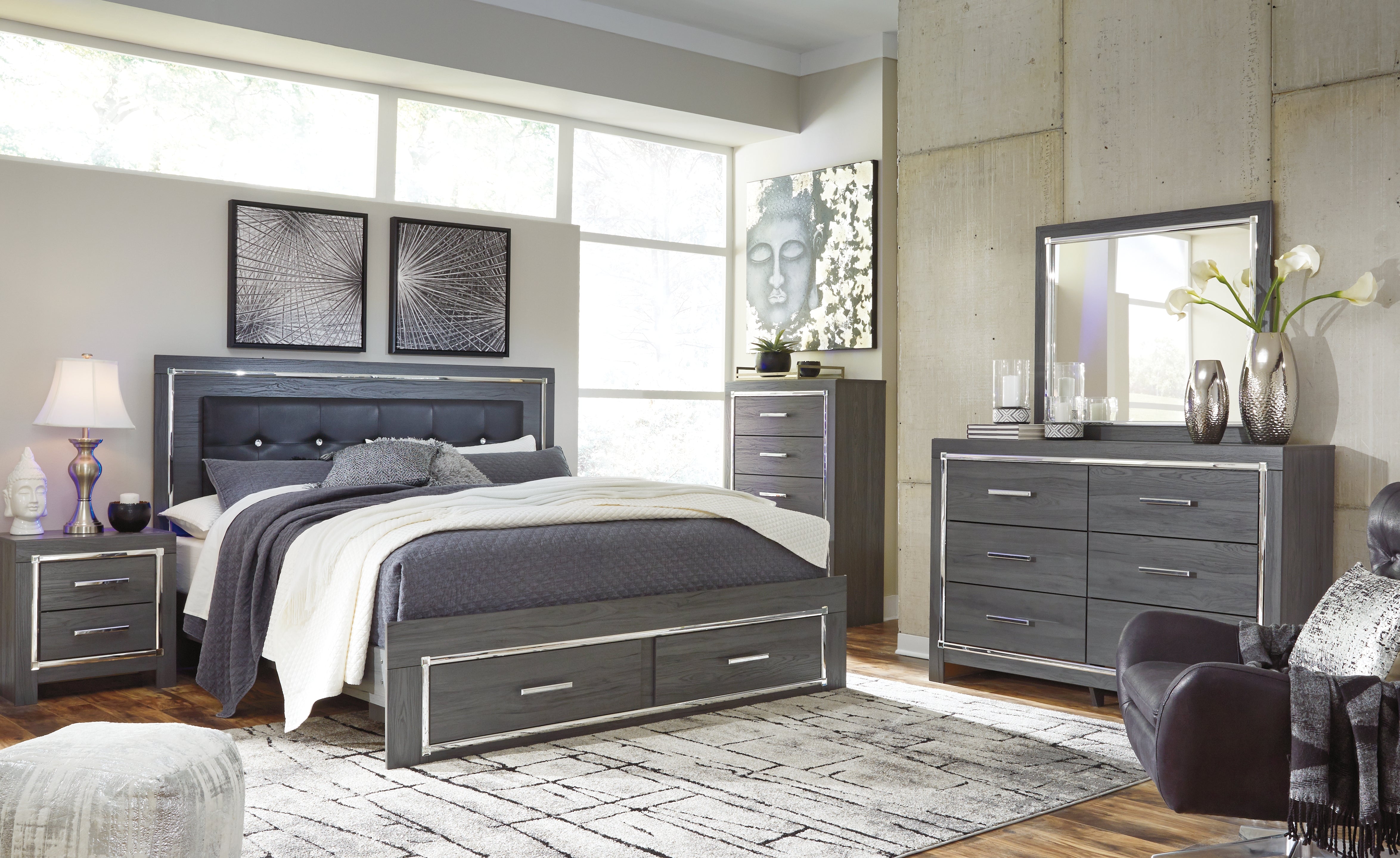Diamond Furniture - Ashley Furniture - Lodanna King Upholstered Storage Bed, Dresser, Mirror, Chest and 2 Nightstands - King Upholstered Storage Bed, Dresser, Mirror, Chest and 2 Nightstands - B214B29