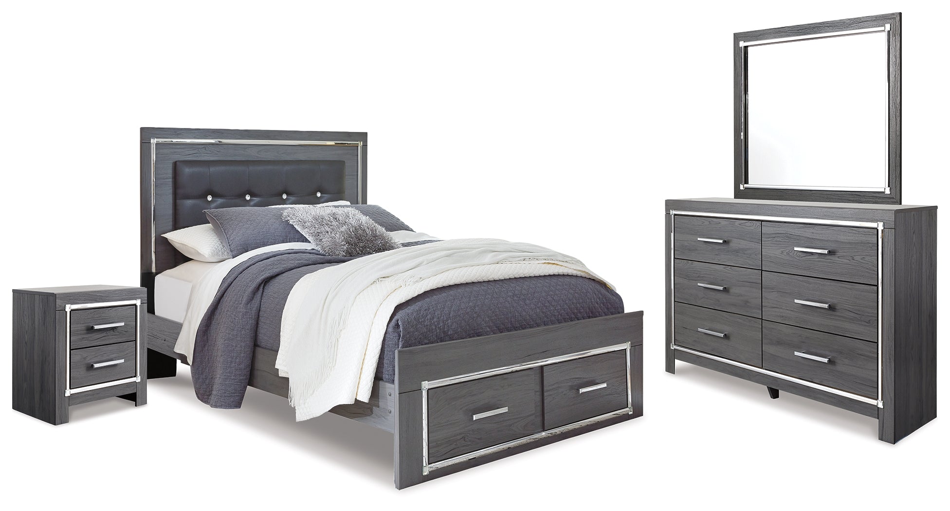 Diamond Furniture - Ashley Furniture - Lodanna Queen Panel Storage Bed with Mirrored Dresser and Nightstand - Queen Panel Storage Bed with Mirrored Dresser and Nightstand - B214B16