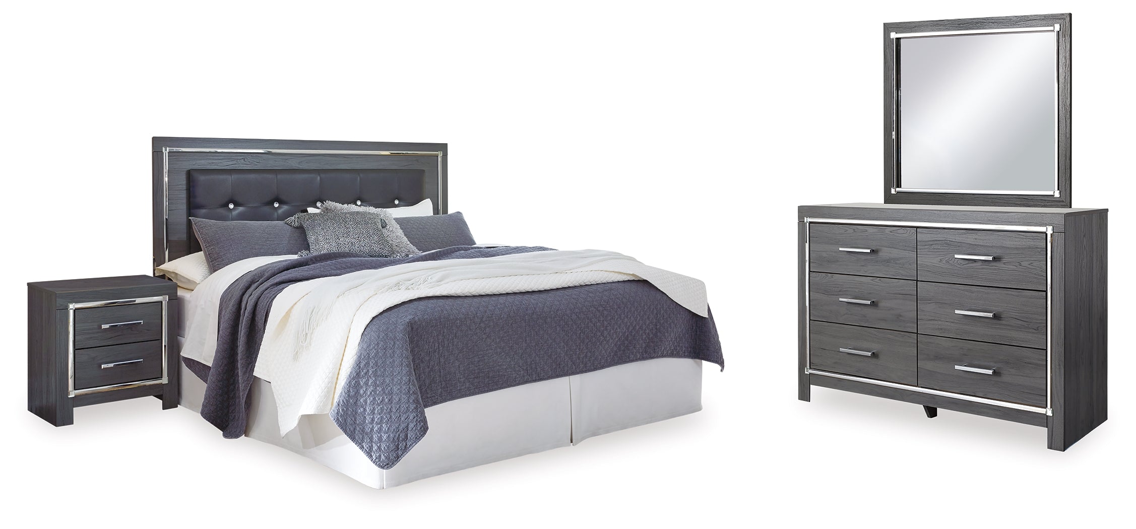 Diamond Furniture - Ashley Furniture - Lodanna King Upholstered Panel Headboard, Dresser, Mirror, and Nightstand - King Upholstered Panel Headboard, Dresser, Mirror, and Nightstand - B214B21