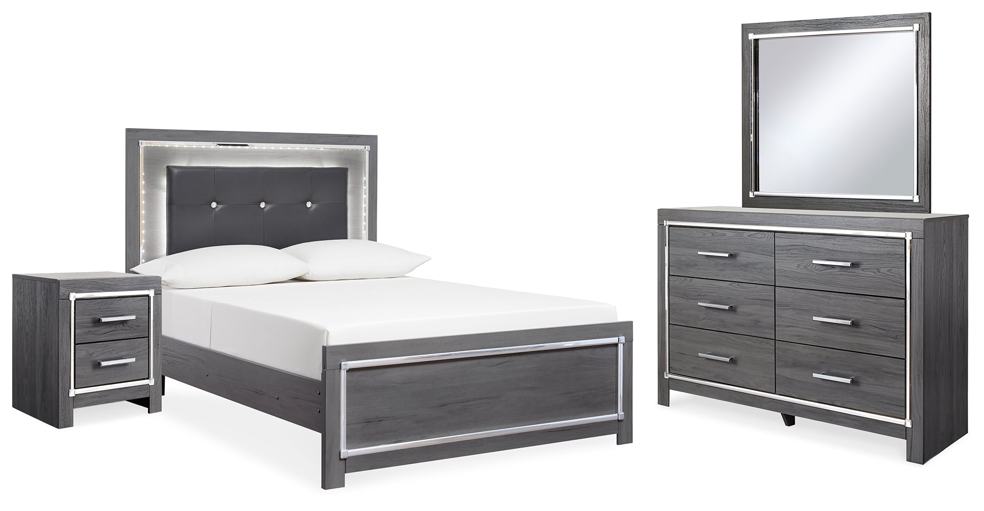 Diamond Furniture - Ashley Furniture - Lodanna Full Upholstered Panel Bed, Dresser, Mirror, and Nightstand - Full Upholstered Panel Bed, Dresser, Mirror, and Nightstand - B214B22