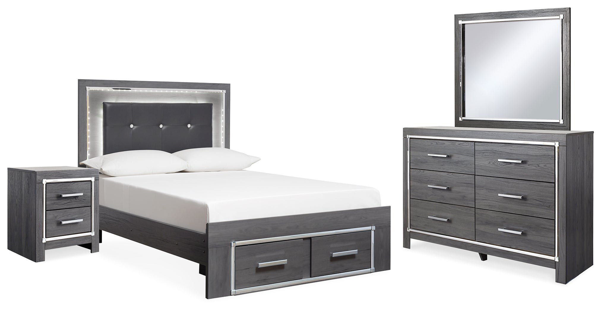 Diamond Furniture - Ashley Furniture - Lodanna Full Upholstered Panel Storage Bed, Dresser, Mirror, and Nightstand - Full Upholstered Panel Storage Bed, Dresser, Mirror, and Nightstand - B214B23