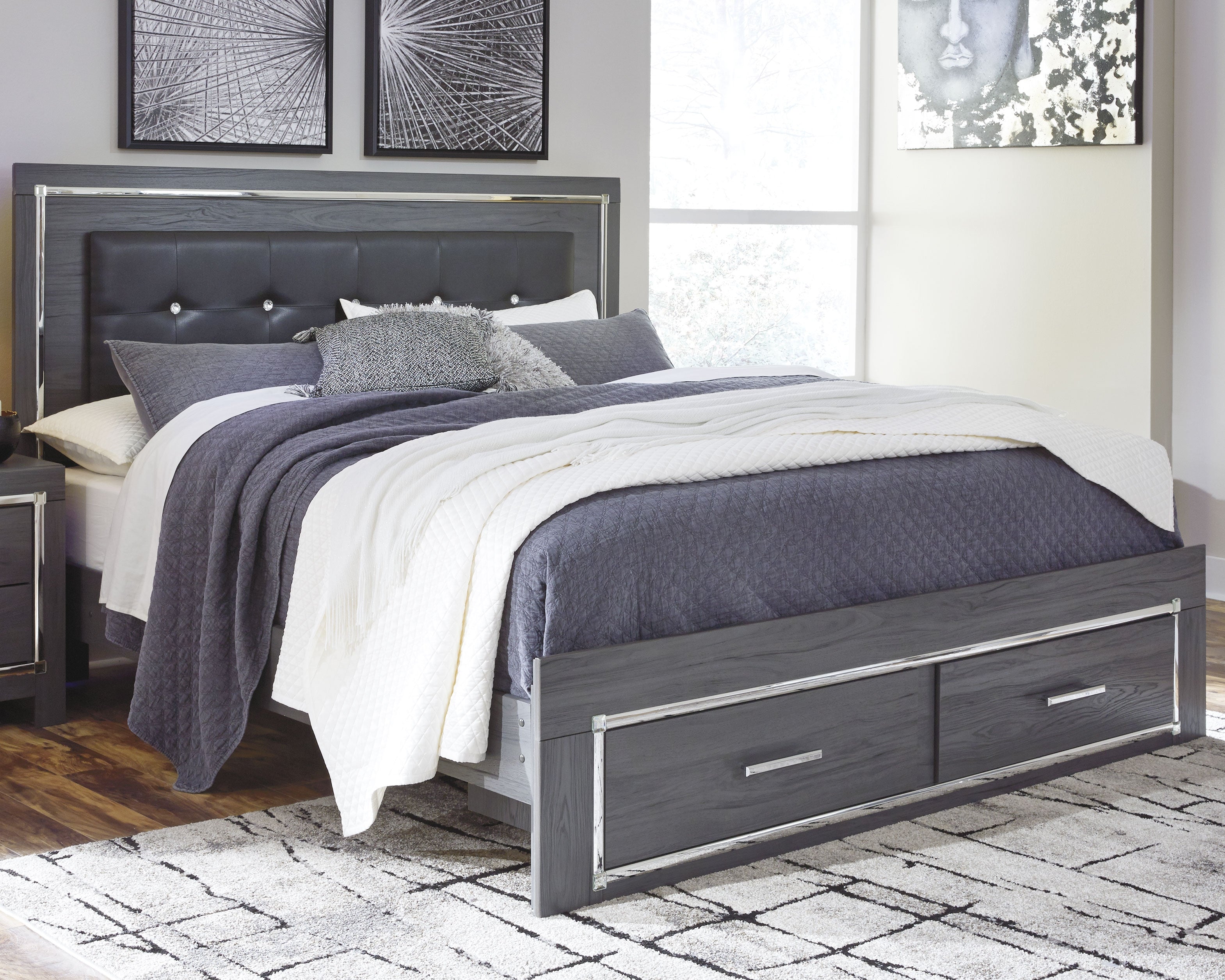 Diamond Furniture - Ashley Furniture - Lodanna Bedroom - King Panel Bed with 2 Storage Drawers / Gray - B214B11
