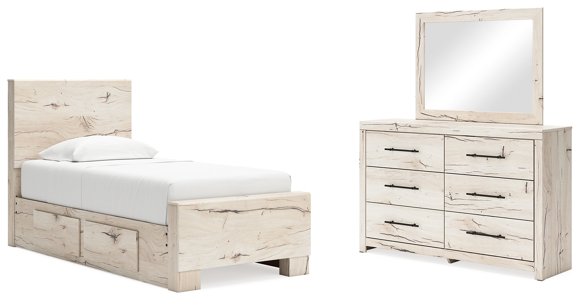 Diamond Furniture - Ashley Furniture - Lawroy Twin Panel Bed with Storage, Dresser and Mirror - Twin Panel Bed with Storage, Dresser and Mirror - B2310B36