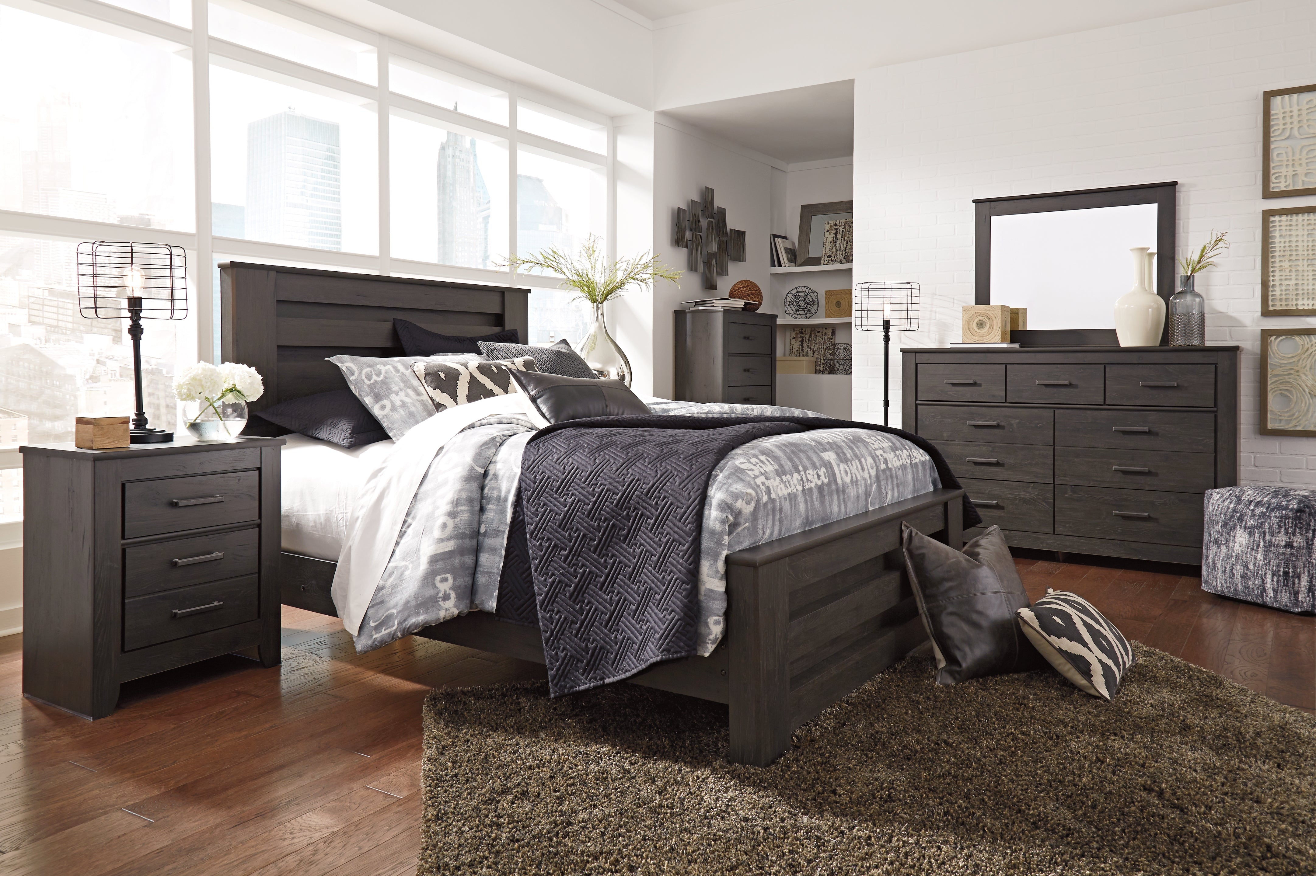 Diamond Furniture - Ashley Furniture - Brinxton Queen Panel Bed, Dresser, Mirror, Chest and Nightstand - Queen Panel Bed, Dresser, Mirror, Chest and Nightstand - B249B21