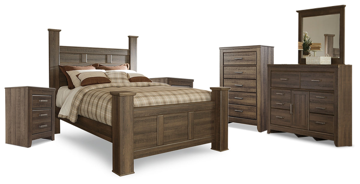 Diamond Furniture - Ashley Furniture - Juararo Queen Poster Bed, Dresser, Mirror, Chest and 2 Nightstands - Queen Poster Bed, Dresser, Mirror, Chest and 2 Nightstands - B251B26
