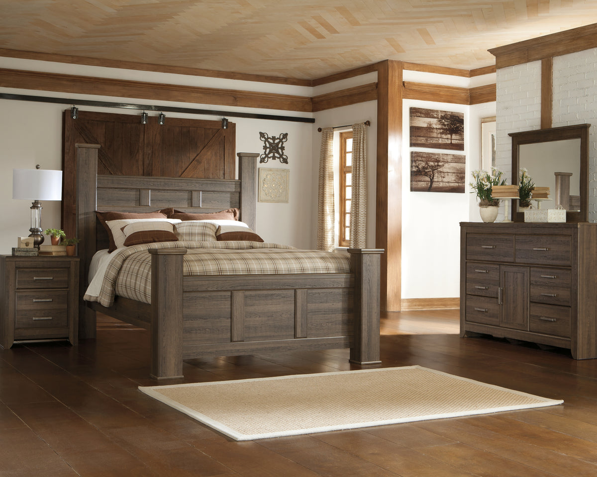 Diamond Furniture - Ashley Furniture - Juararo Queen Poster Bed with Mirrored Dresser and Nightstand - Queen Poster Bed with Mirrored Dresser and Nightstand - B251B22